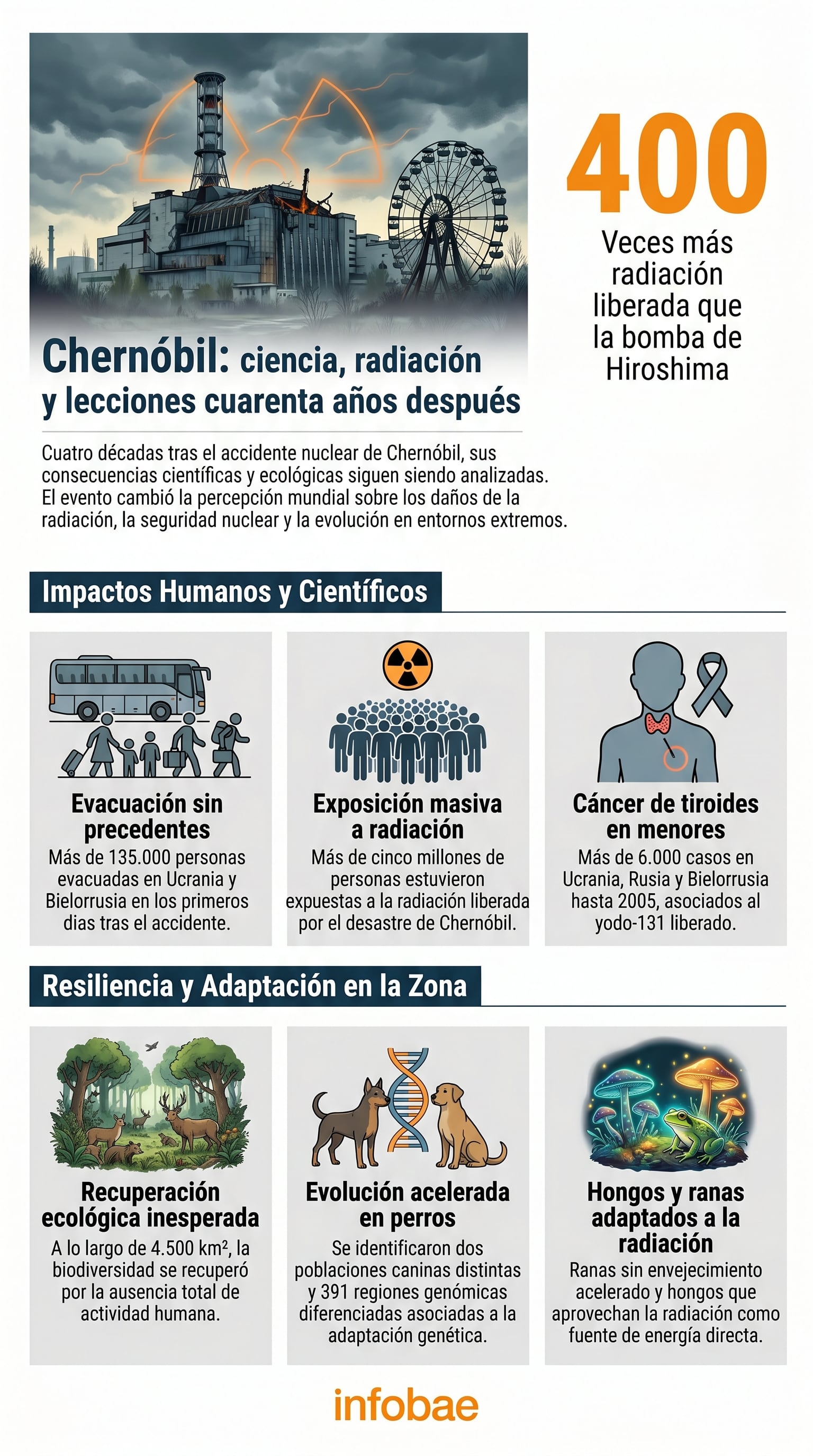 Cuarenta años después del desastre de Chernóbil, este informe visual detalla los impactos humanos y científicos, la sorprendente resiliencia ecológica y las adaptaciones genéticas en la zona de exclusión. (Imagen Ilustrativa Infobae)