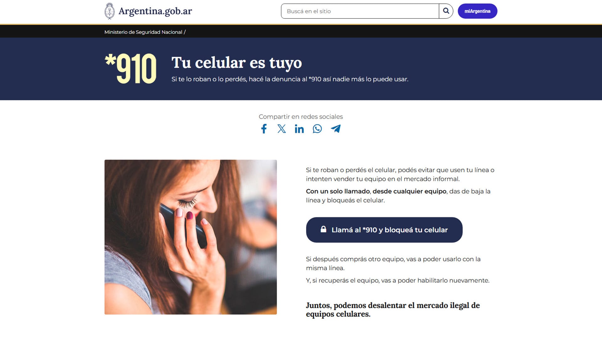 La página web de Argentina.gob.ar promueve la línea *910, un servicio para denunciar el robo o la pérdida de celulares y proceder a su bloqueo inmediato.
