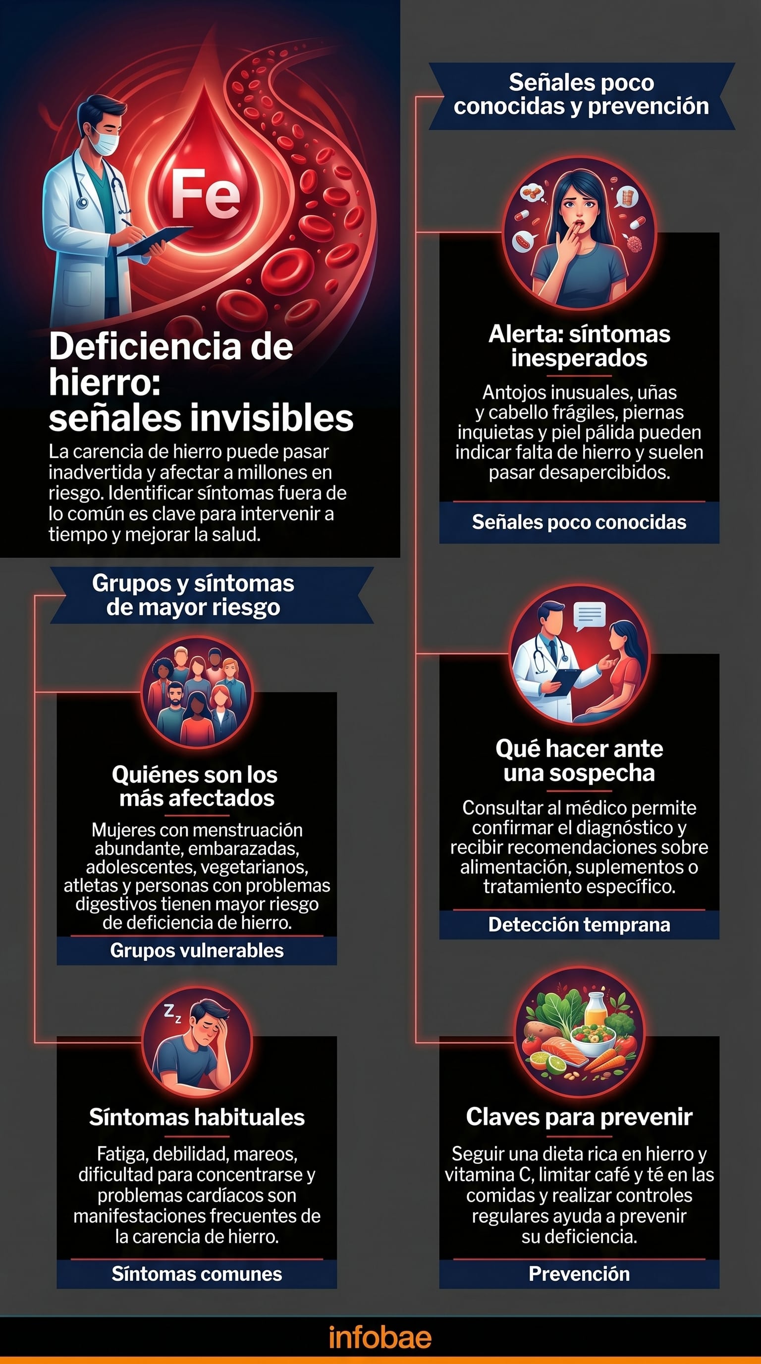 Una infografía detalla la deficiencia de hierro, sus señales poco conocidas, grupos de riesgo y cómo la detección temprana y prevención son clave para evitar complicaciones y mejorar la calidad de vida. (Imagen Ilustrativa Infobae)