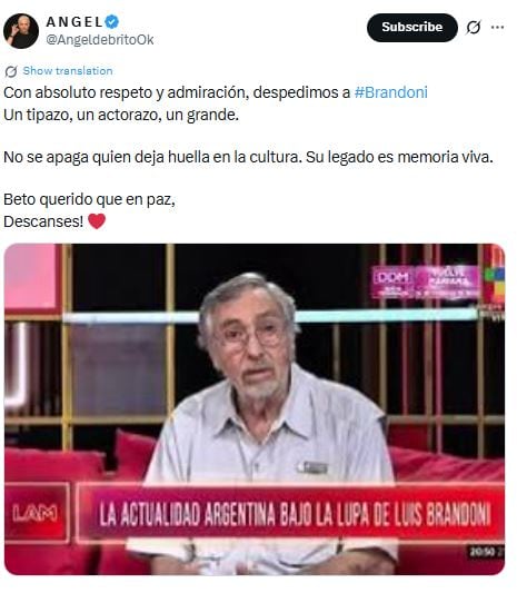 Ángel de Brito despidió al actor mediante un mensaje en X (@AngeldebritoOk)