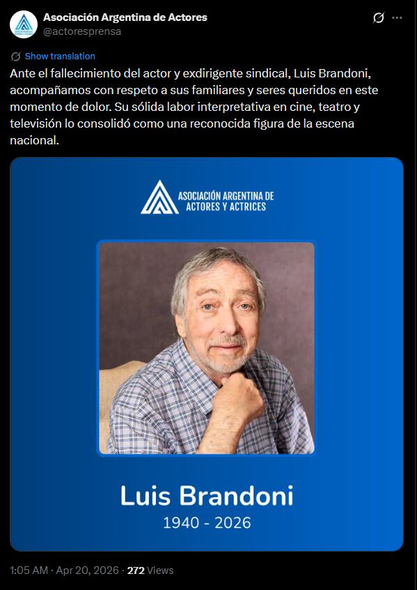 La Asociación Argentina de Actores y Actrices resaltó el legado artístico y gremial de Brandoni en el escenario nacional