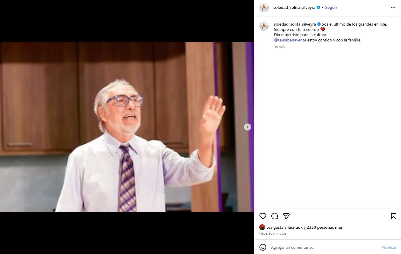 Soledad Silveyra expresó su dolor por la muerte de Brandoni, calificándolo como 'el último de los grandes' en un día triste para la cultura