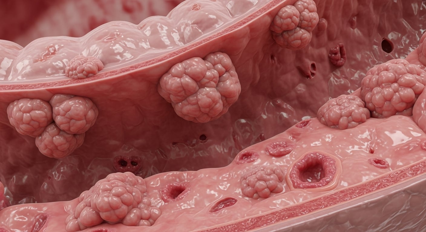 Representación hiperrealista de la sección interna de un colon humano, mostrando pólipos y tumores cancerosos adheridos a las paredes, ilustrando el avance de la enfermedad. (Imagen Ilustrativa Infobae)