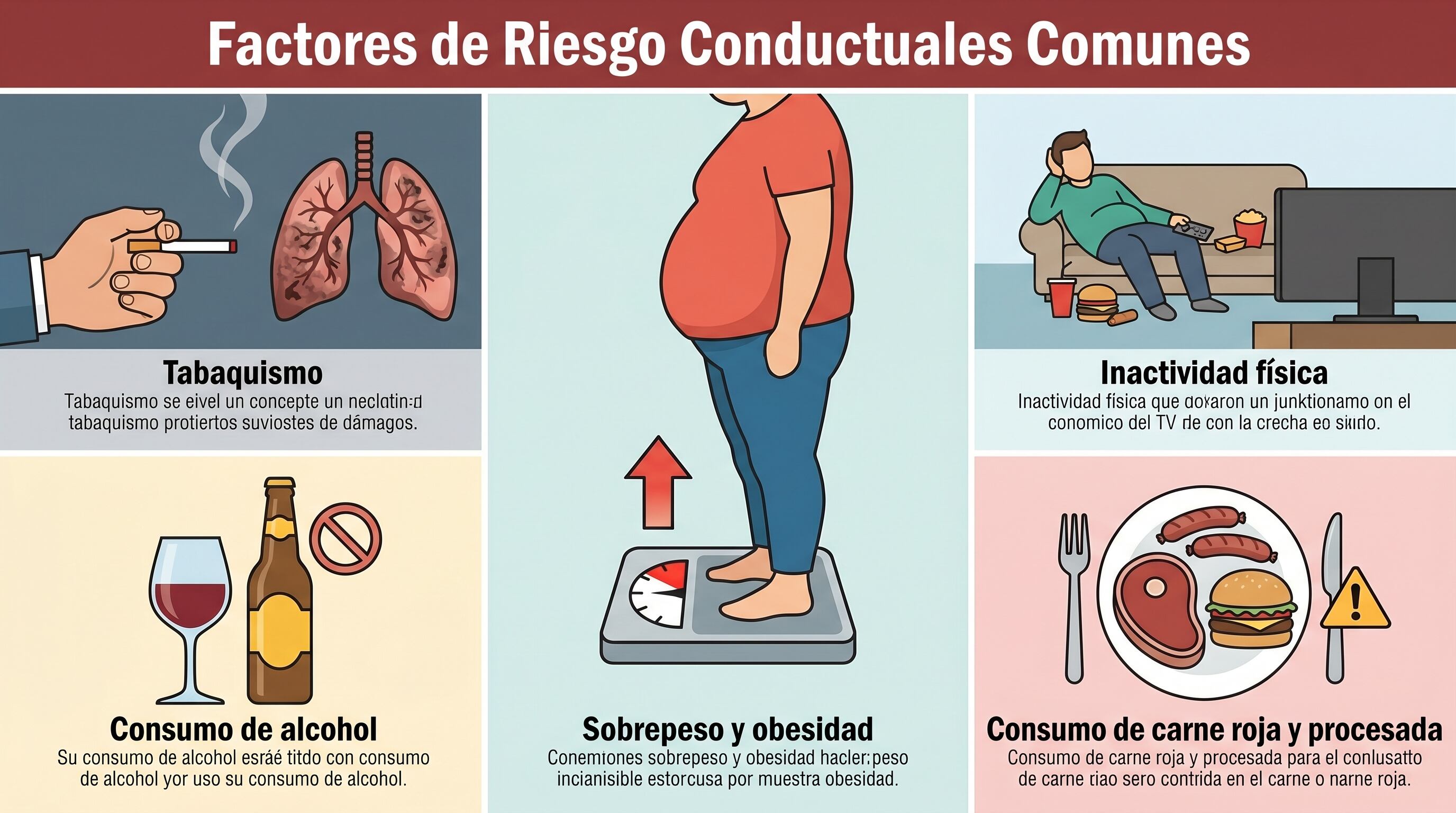 Esta infografía ilustra los seis principales factores de riesgo conductuales para la salud, incluyendo tabaquismo, consumo de alcohol, sobrepeso, inactividad física y consumo de carne roja. (Imagen Ilustrativa Infobae)