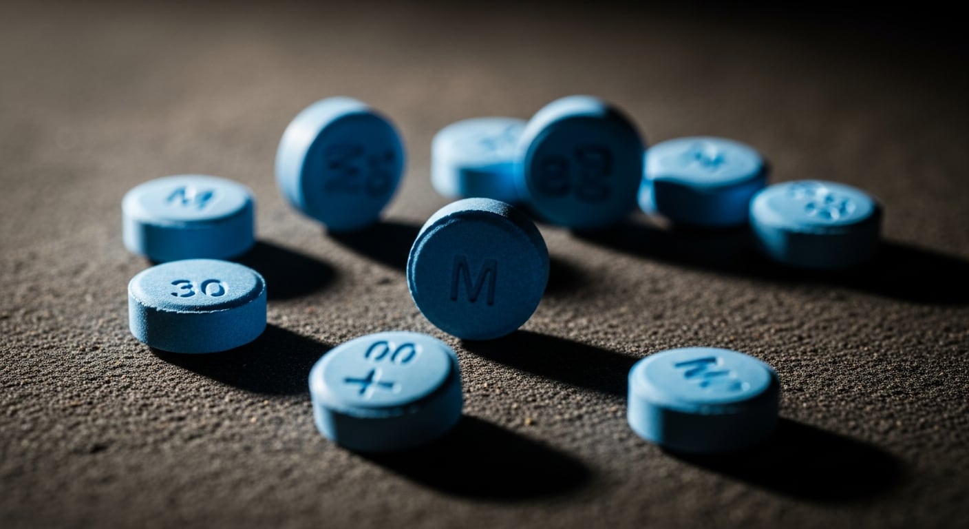 Pastillas azules marcadas, que parecen ser fentanilo, una droga sintética altamente peligrosa (Imagen Ilustrativa Infobae)