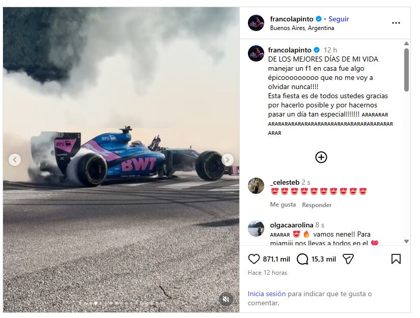 El mensaje de Colapinto tras su exhibición en Buenos Aires