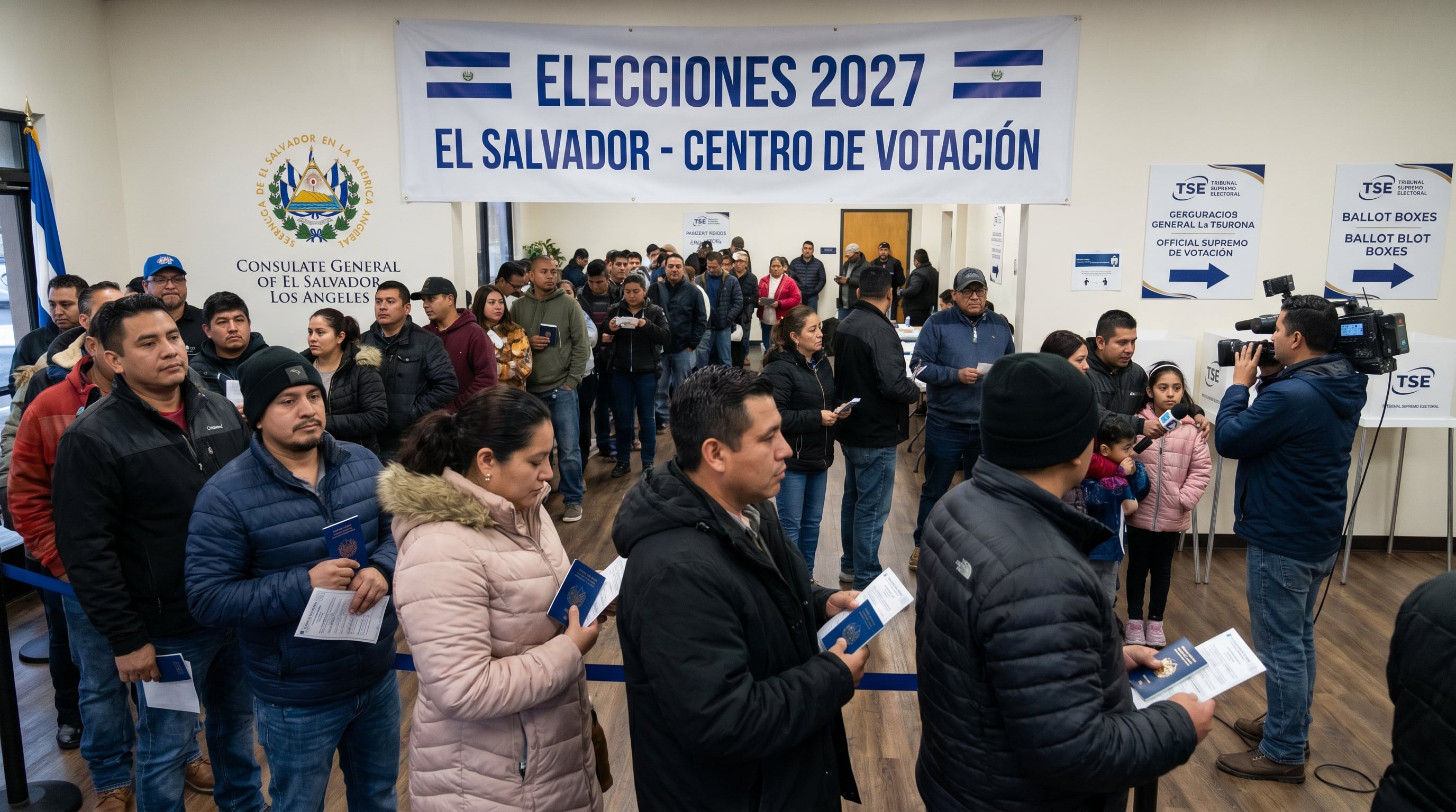 Salvadoreños residentes en Estados Unidos hacen fila para votar en el consulado salvadoreño en Los Ángeles durante las Elecciones 2027, con presencia de medios de comunicación documentando el evento. (Imagen Ilustrativa Infobae)