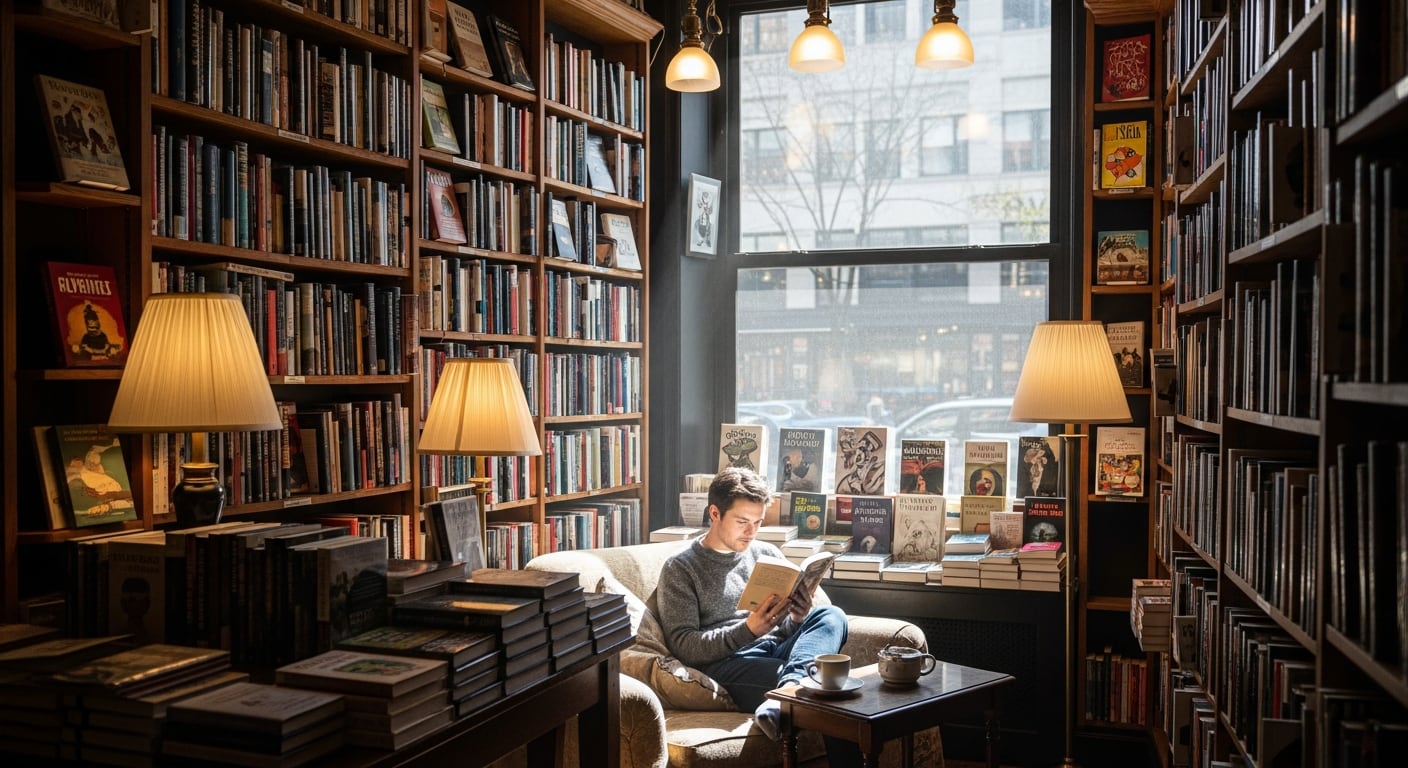 Un joven disfruta de un momento de tranquilidad leyendo un libro en una de las muchas librerías de Nueva York, rodeado de estanterías repletas de volúmenes y con la luz natural entrando por la ventana. (Imagen Ilustrativa Infobae)