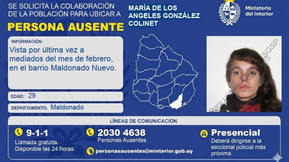 El pedido de búsqueda de María de los Ángeles González Colinet, madre biológica del menor, desaparecida desde mediados de febrero en Maldonado. (Ministerio del Interior de Uruguay)