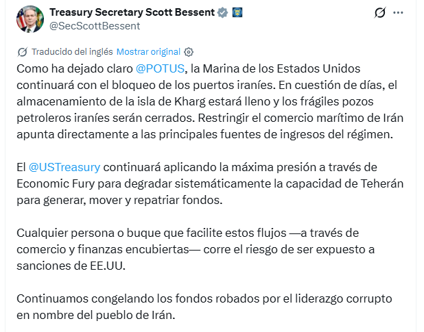 El mensaje de respaldo del Secretario del Tesoro, Scott Bessent, al bloqueo de los puertos iraníes 