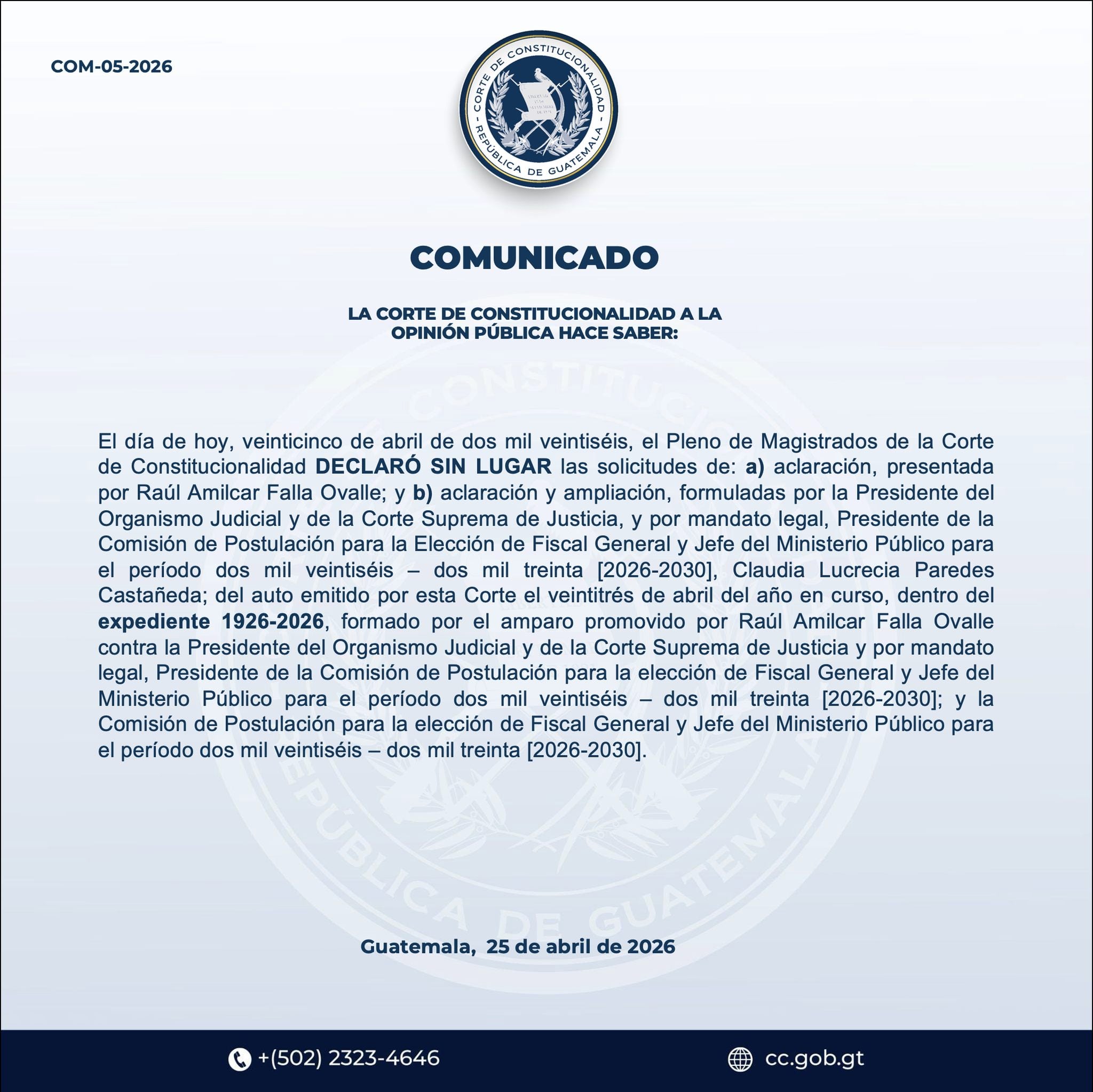 El recurso de aclaración presentado por el abogado Raúl Falla es rechazado y la lista de aspirantes permanece vigente para el periodo 2026-2030. (Cortesía: Corte de Cnstitucionalidad)