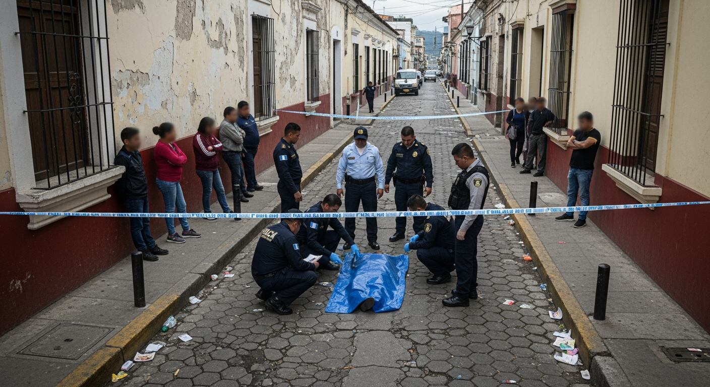 Agentes de la Policía Nacional Civil investigan la escena de un homicidio en una calle de Guatemala, donde un cuerpo cubierto con una lona azul y el área están acordonados. (Imagen Ilustrativa Infobae)