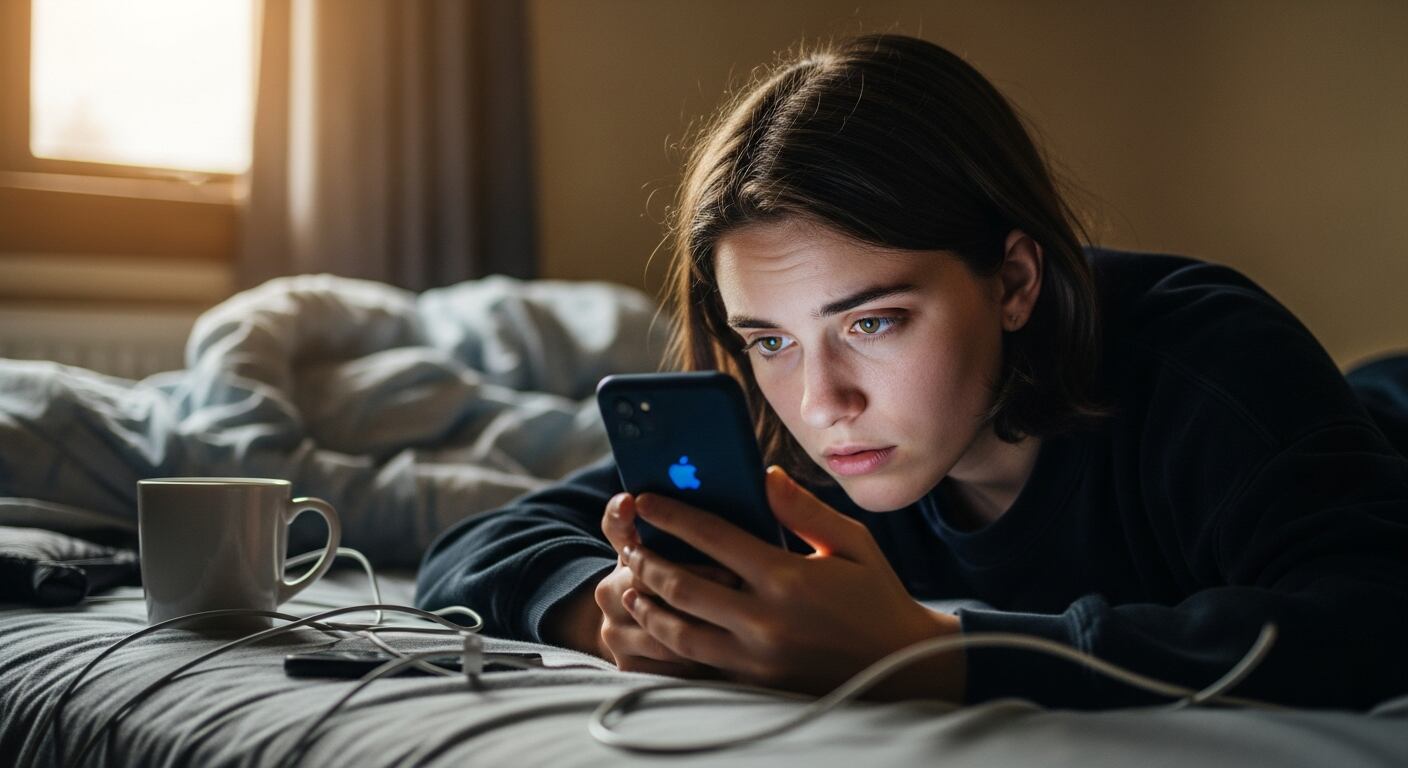 Una joven mira intensamente su smartphone recostada en la cama, reflejando la inmersión en las redes sociales y la posible ansiedad digital en un entorno cotidiano. (Imagen Ilustrativa Infobae)