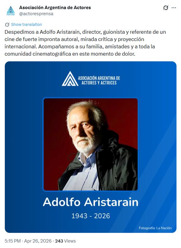 El mensaje de luto de la Asociación Argentina de Actores 