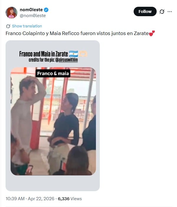 Colapinto y Reficco fueron captados juntos en Zarate, alimentando las especulaciones sobre un posible romance