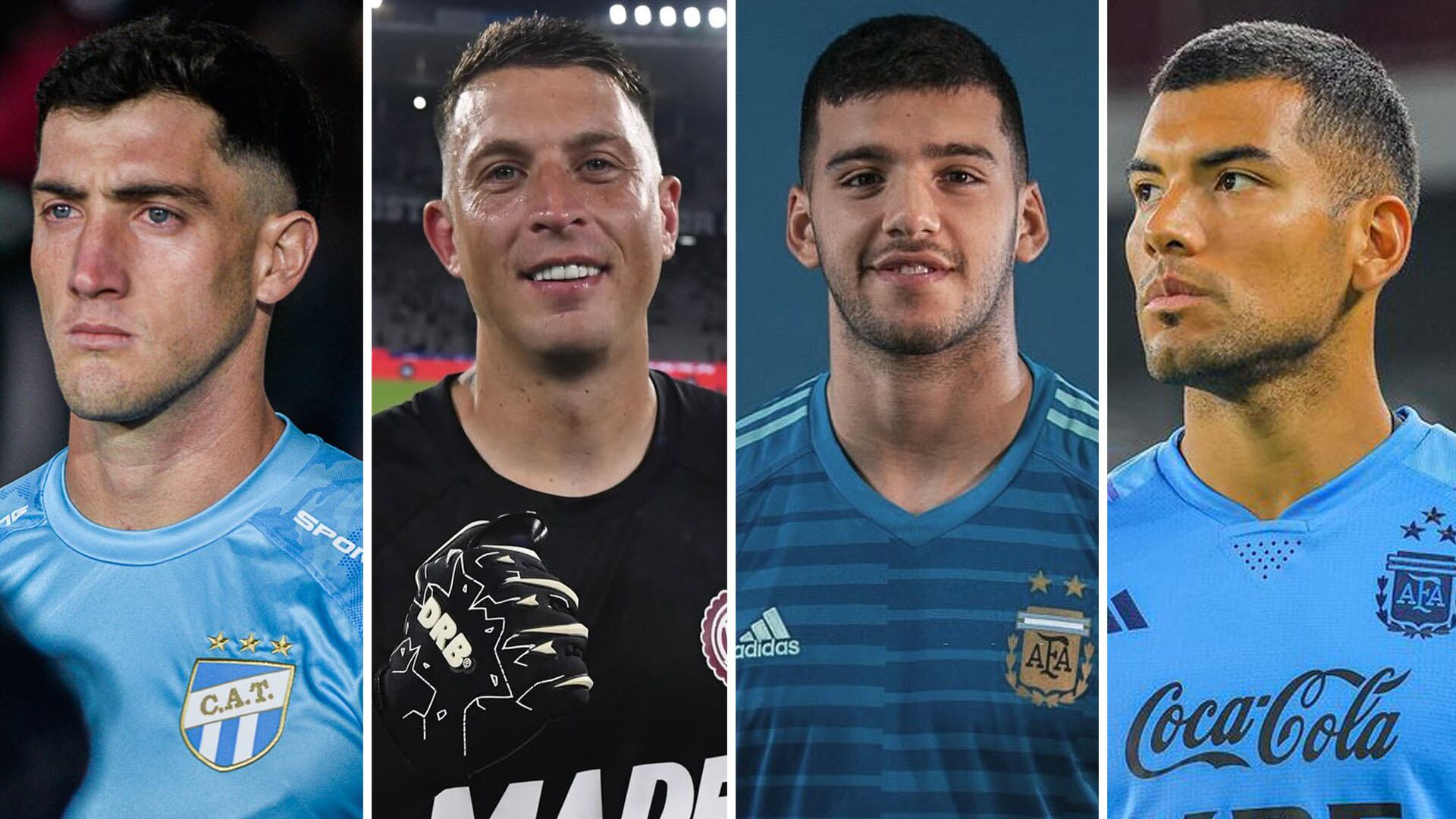 Una imagen dividida muestra los rostros de los reconocidos porteros Tomás Marchiori, Nahuel Losada, Gerónimo Rulli y Walter Benítez, destacando su presencia en el fútbol actual.