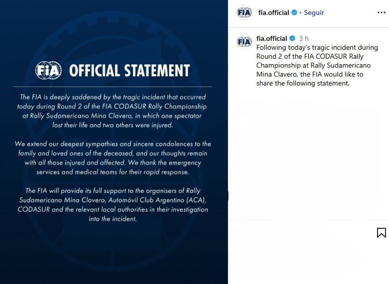 El organismo internacional compartió un comunicado tras el accidente en Mina Clavero que dejó un fallecido y heridos (IG fia.official)