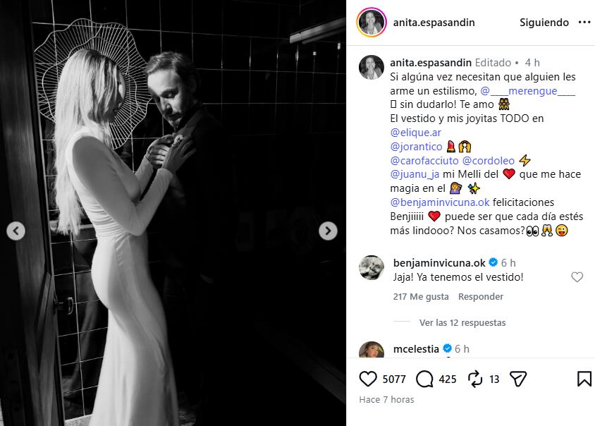 Anita Espasandín y Benjamín Vicuña generan revuelo en redes tras publicar imágenes juntos en los Martín Fierro de la Moda 2026 (Instagram)