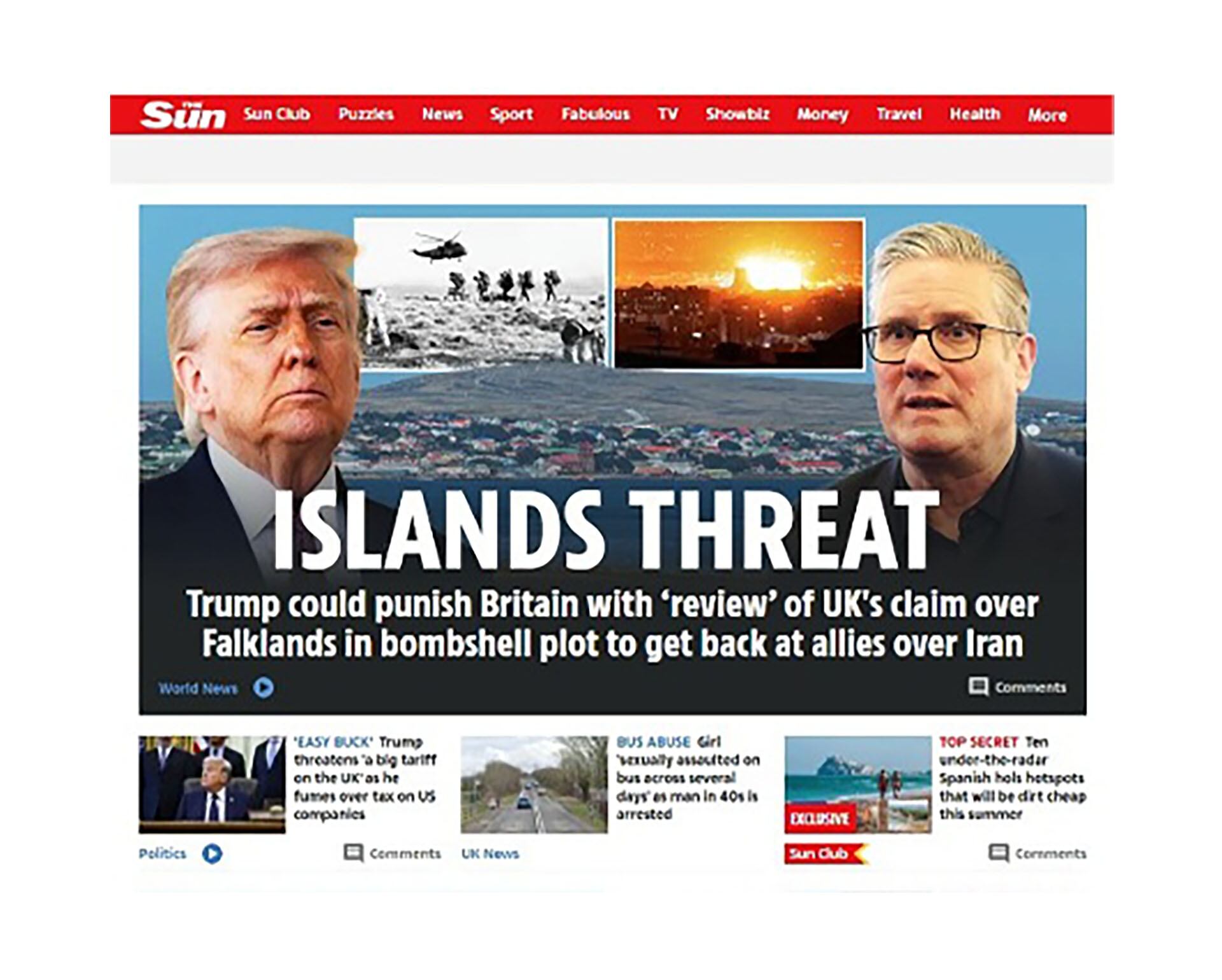 La portada del periódico The Sun destaca la posible acción de Donald Trump de revisar el reclamo del Reino Unido sobre las Malvinas, junto a imágenes del ex presidente y Keir Starmer.