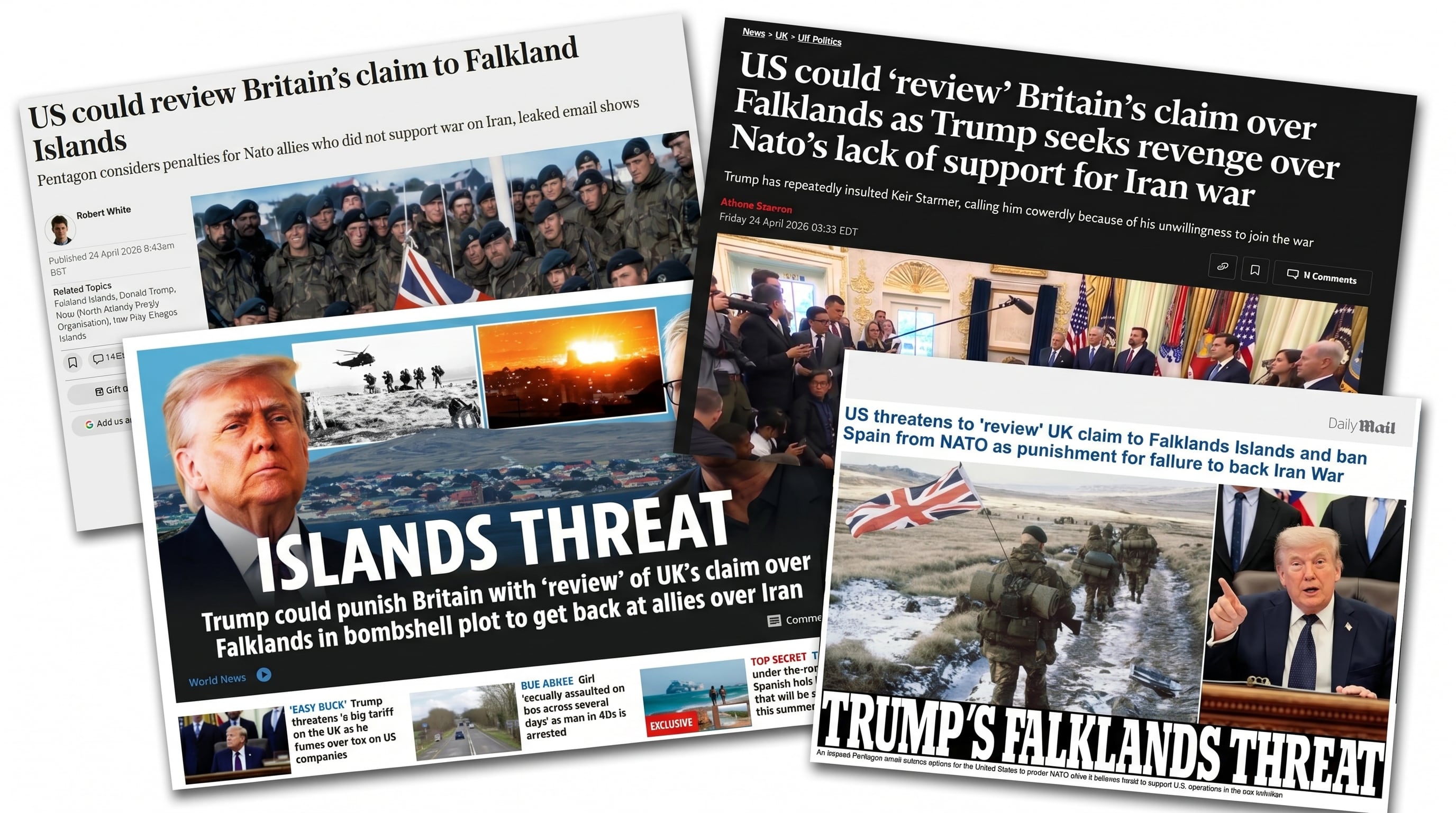 Un collage de recortes de prensa británica ilustra la repercusión de las declaraciones de Donald Trump sobre la soberanía de las Islas Malvinas, con titulares que destacan la 