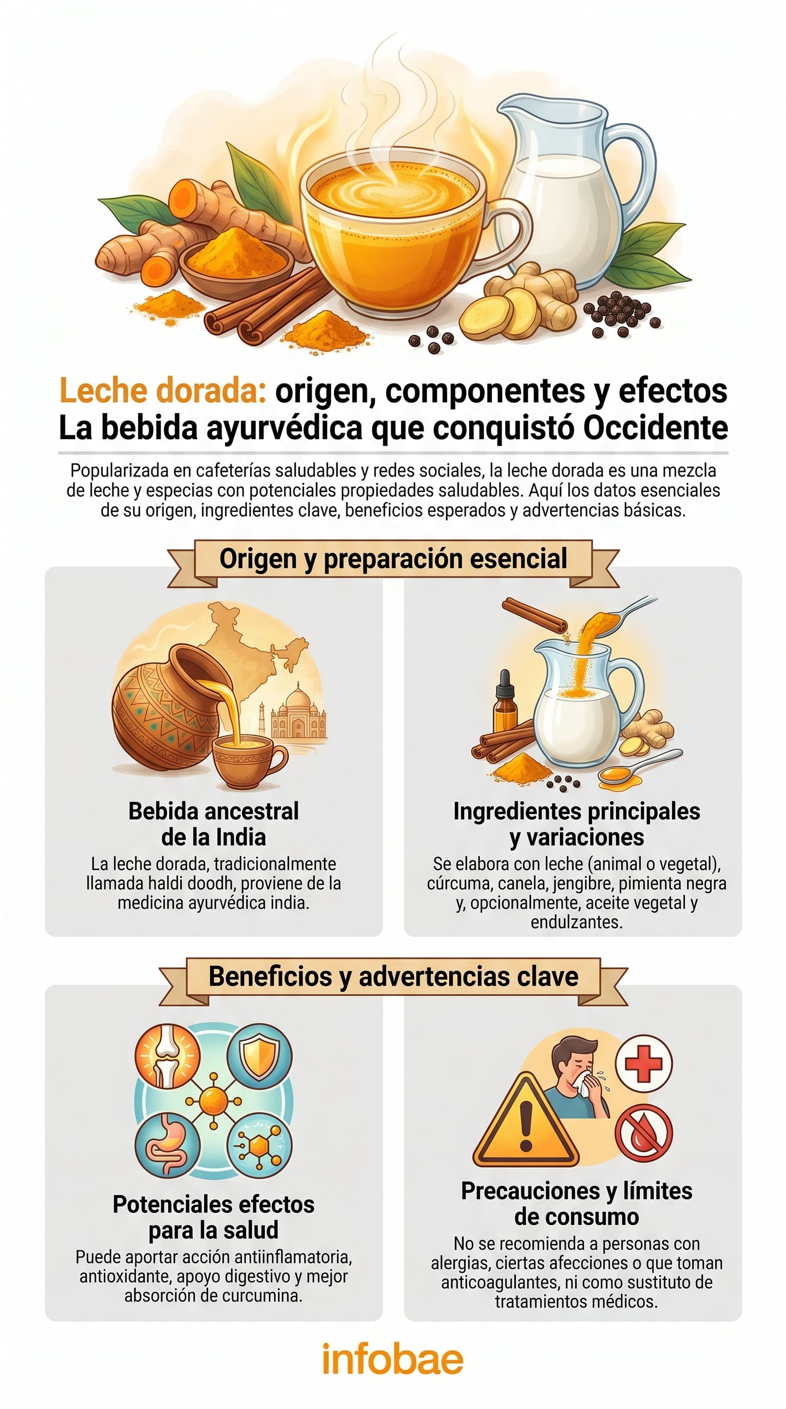 Una infografía completa sobre la leche dorada revela sus orígenes indios, componentes esenciales, propiedades saludables y las advertencias a considerar para su consumo. (Imagen Ilustrativa Infobae)