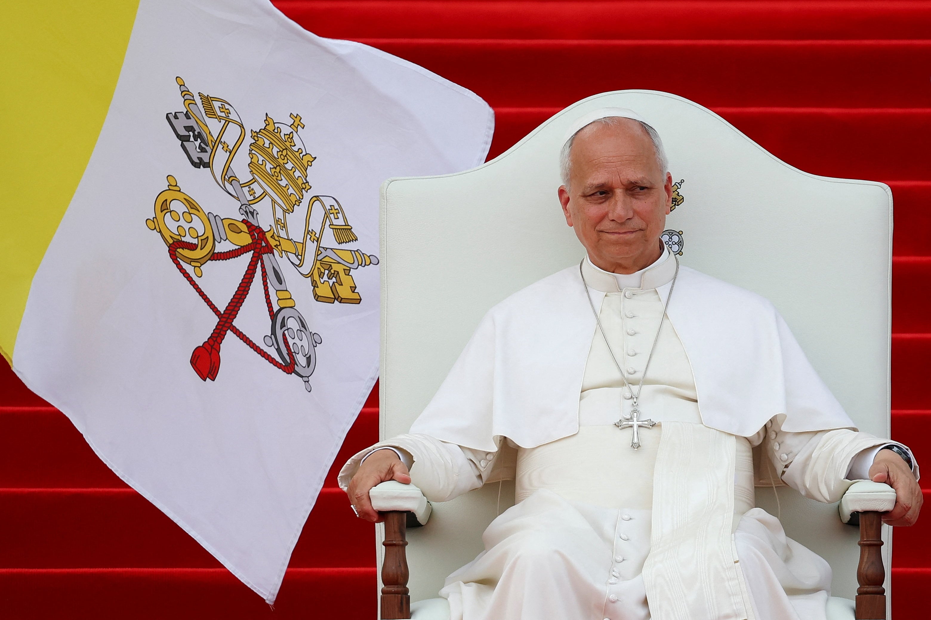 El papa León XIV asiste a un encuentro con representantes del mundo de la cultura en el campus León XIV de la Universidad Nacional de Guinea Ecuatorial en Malabo, Guinea Ecuatorial, el 21 de abril de 2026 (REUTERS/Guglielmo Mangiapane)