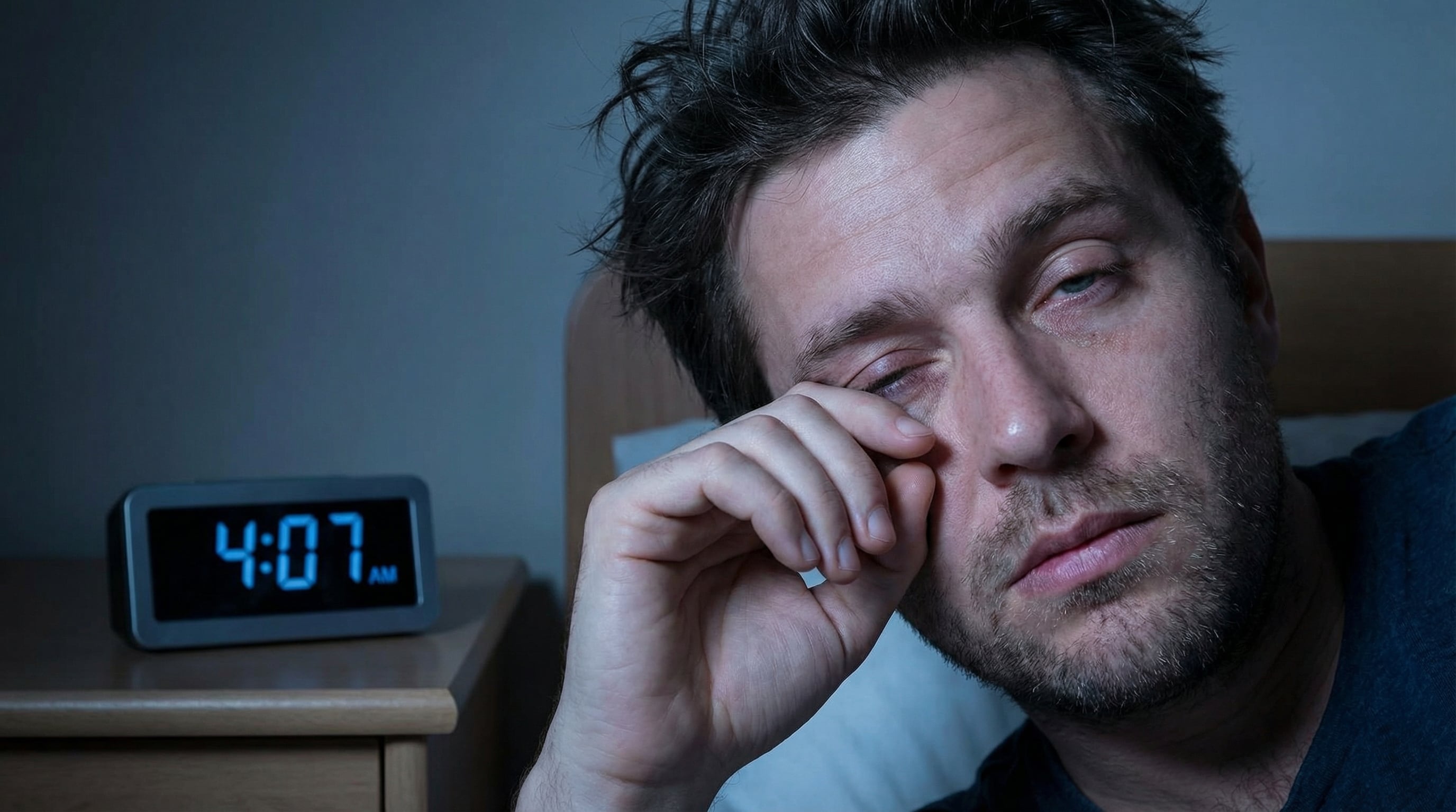 Un hombre con el rostro cansado se frota el ojo mientras un despertador digital en su mesita de noche marca las 4:07 AM, reflejando una noche de insomnio. (Imagen Ilustrativa Infobae)