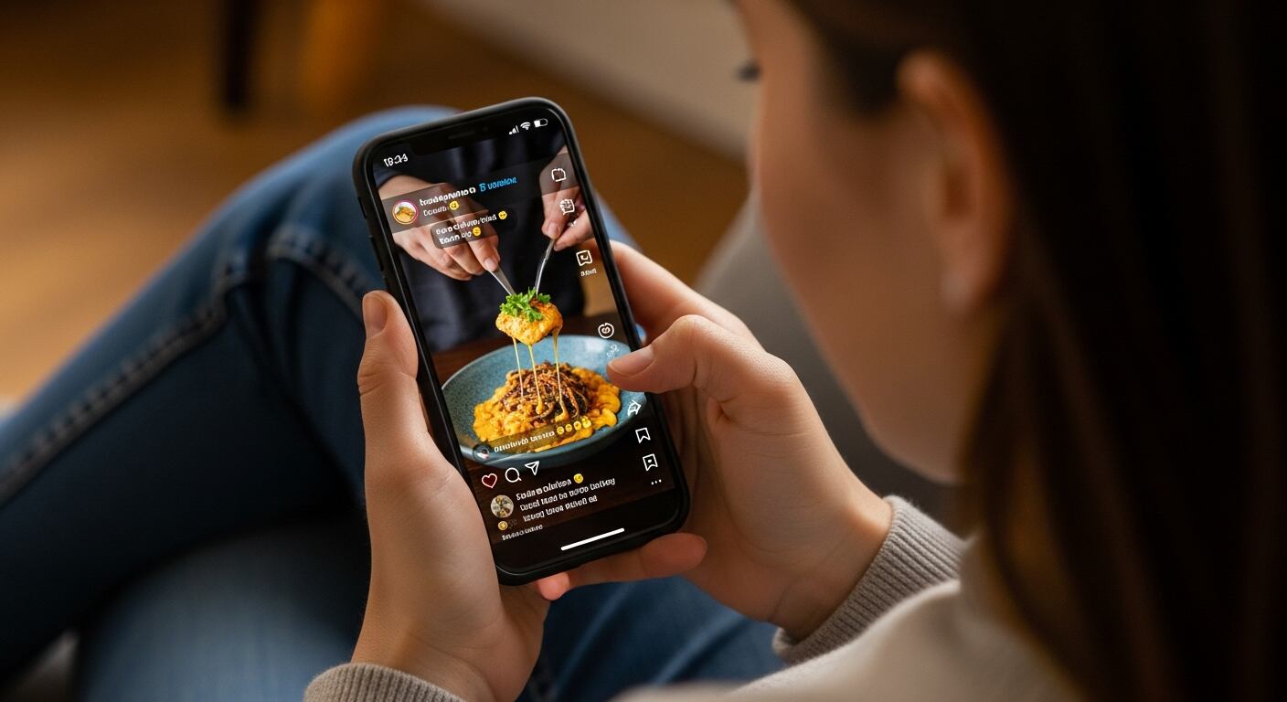 Una persona navega por las redes sociales en su celular en posición vertical, viendo un apetitoso reel de comida que muestra un plato de pasta con salsa y aderezo, destacando la influencia del contenido gastronómico digital. (Imagen Ilustrativa Infobae)