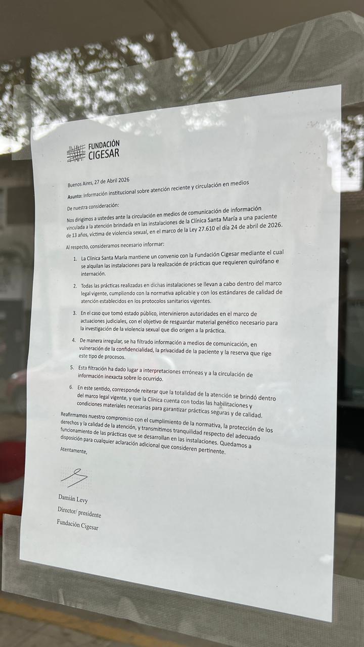 El comunicado de CIGESAR en la Clínica Santa María
