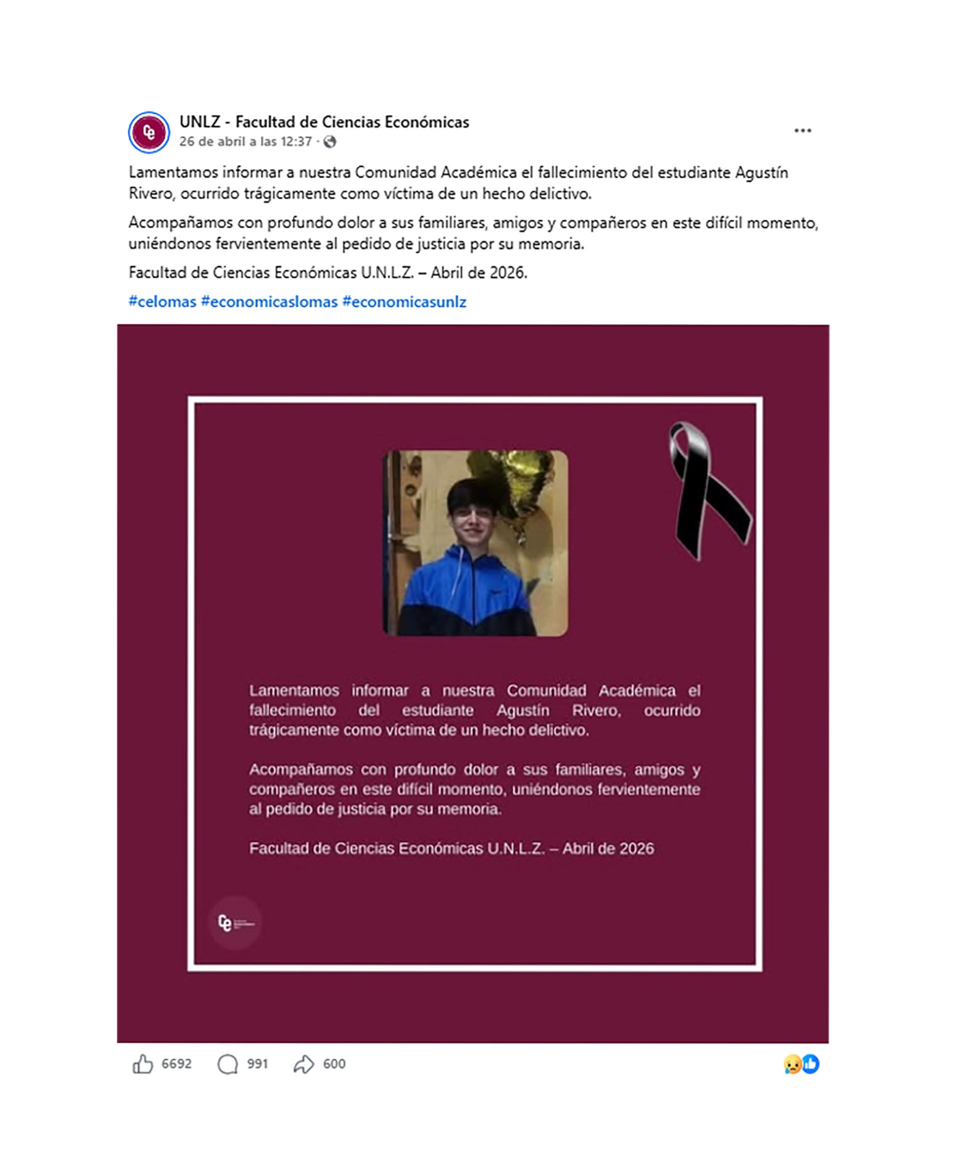 El comunicado de la facultad donde estudiaba el joven. 