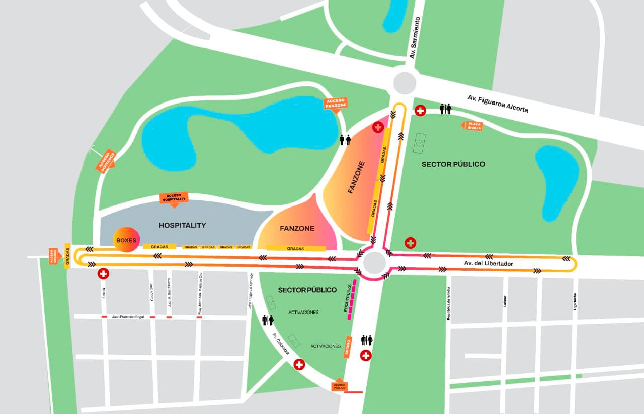 Este mapa detallado presenta el trazado del circuito, las zonas de hospitalidad, fanzone y gradas para la Exhibición de Franco Colapinto en Buenos Aires.