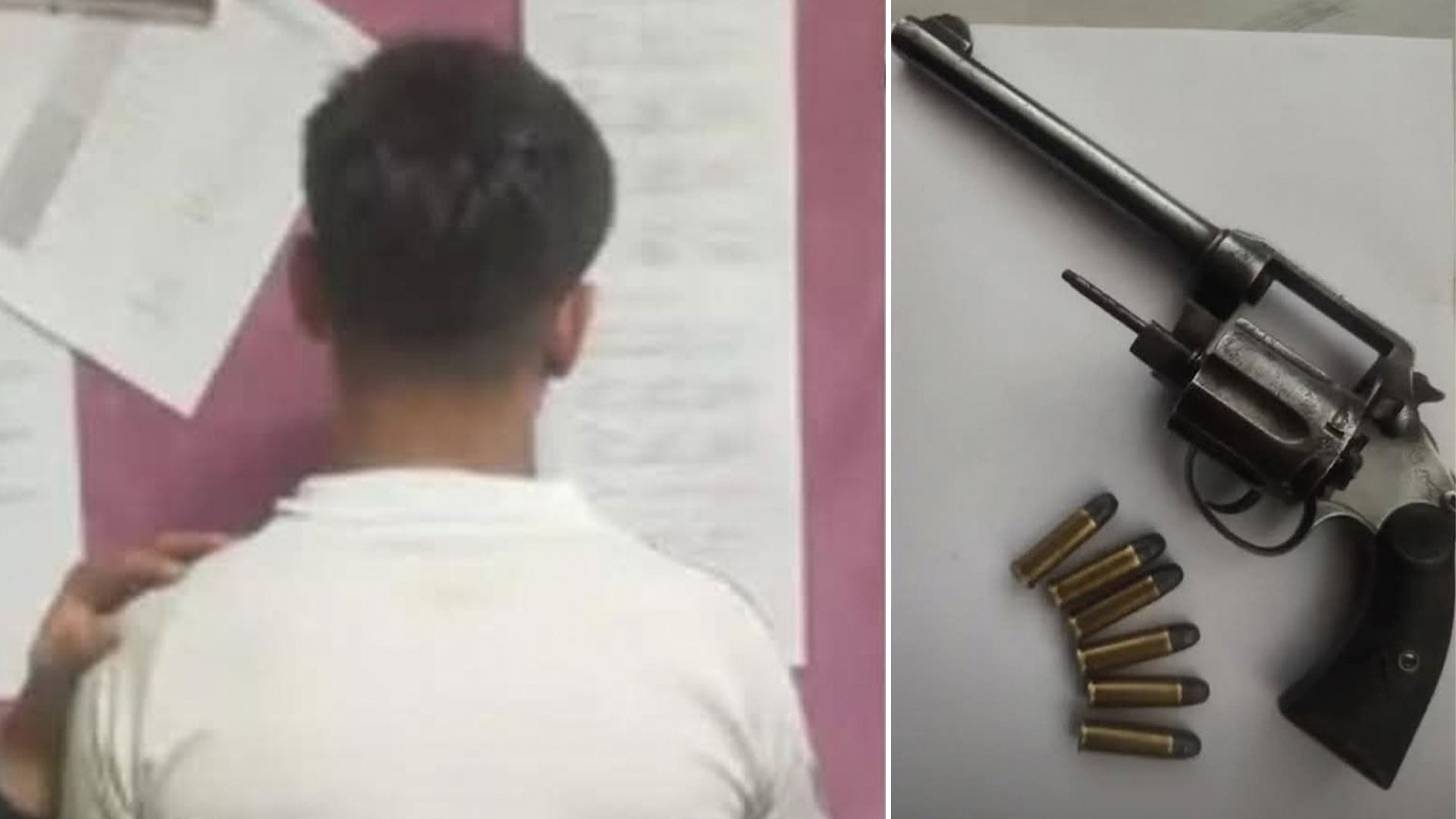 El alumno acusado junto al revolver que llevó a la escuela en Tucumán