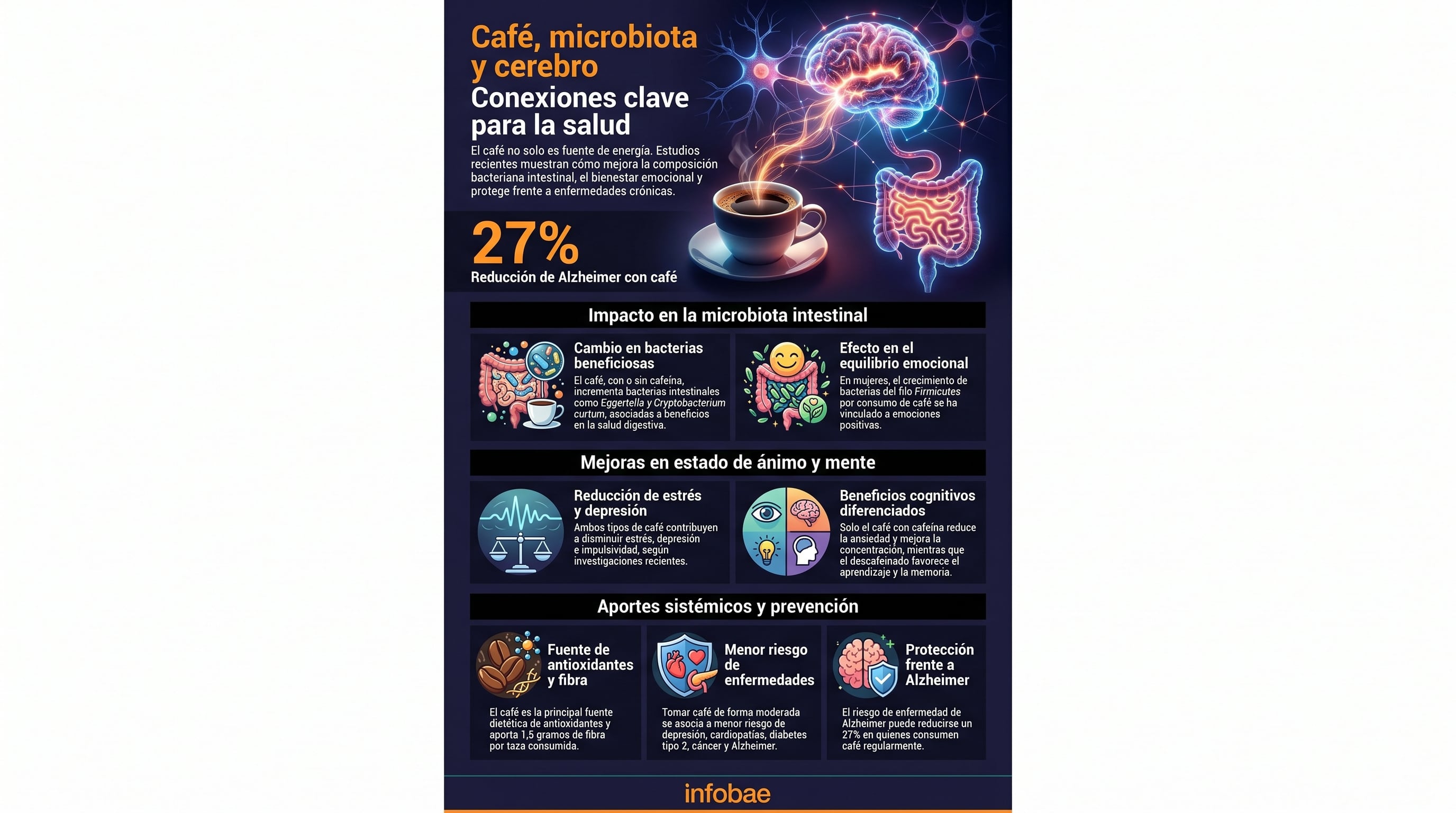 Esta infografía detalla cómo el consumo de café impacta positivamente la microbiota intestinal, mejora el estado de ánimo, reduce el estrés y ofrece protección sistémica contra enfermedades como el Alzheimer. (Imagen Ilustrativa Infobae)