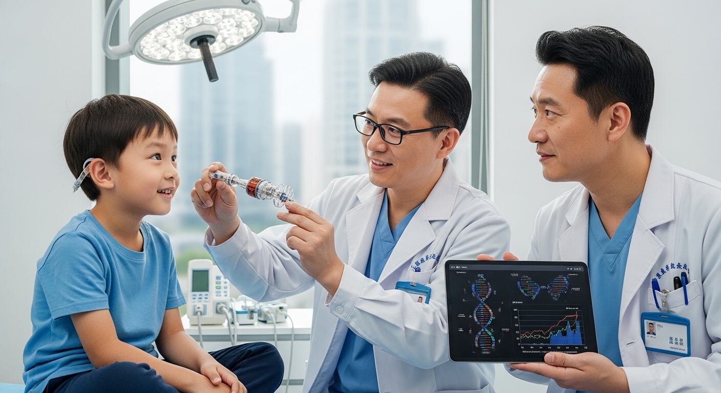 Un niño sonríe mientras dos médicos chinos le muestran la tecnología de terapia génica que ha restaurado su audición, destacando un hito en la medicina. (Imagen Ilustrativa Infobae)