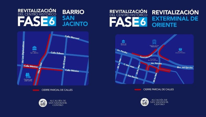Mapas oficiales muestran las calles intervenidas y las rutas alternas sugeridas por la Alcaldía durante la revitalización del Centro Histórico de San Salvador. (Cortesía: Alcaldía de San Salvador Centro)