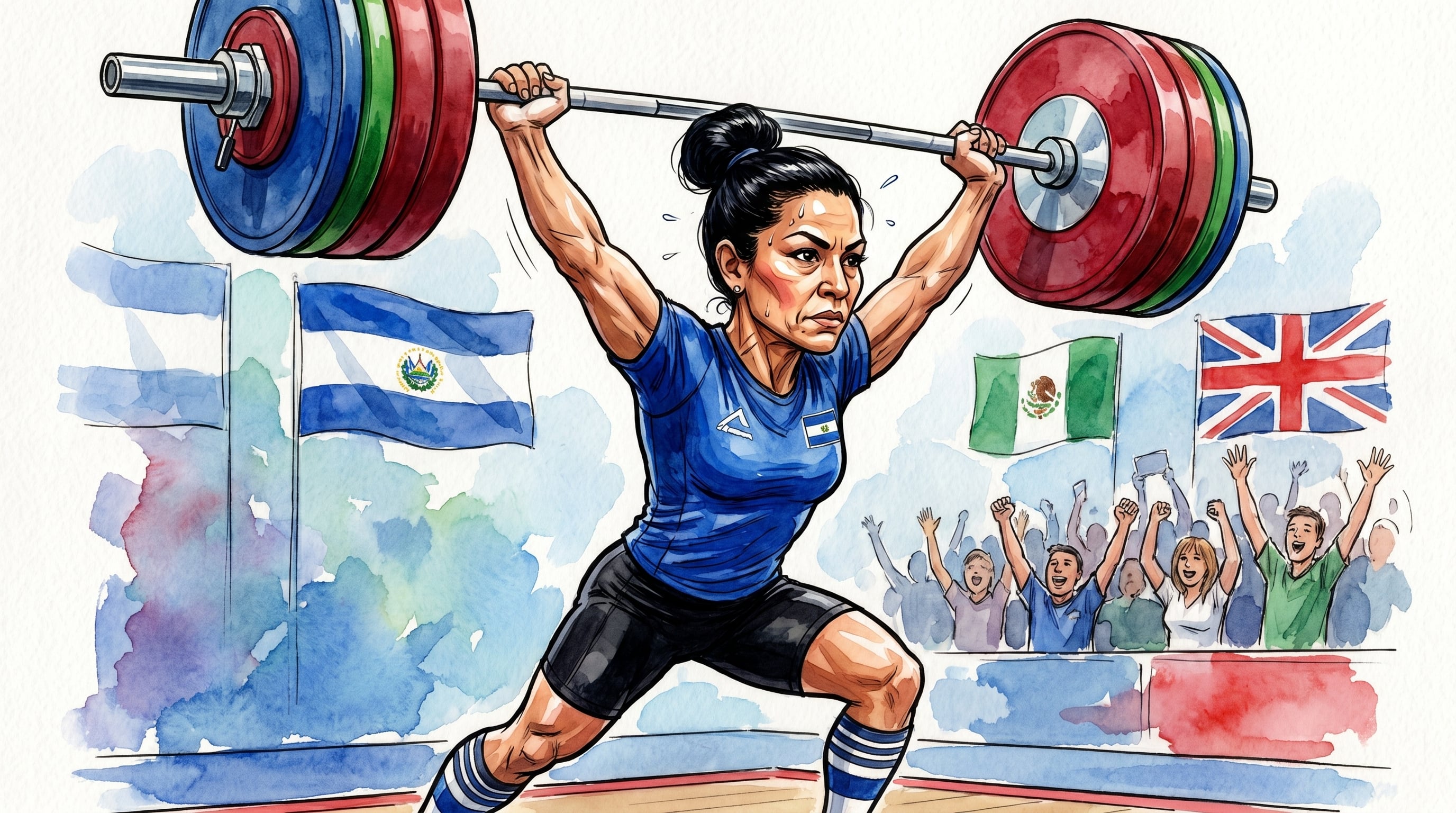 Caricatura editorial vibrante de Ana Carpenter, la icónica levantadora de pesas salvadoreña, demostrando su fuerza al alzar la barra olímpica en competición. (Imagen Ilustrativa Infobae)