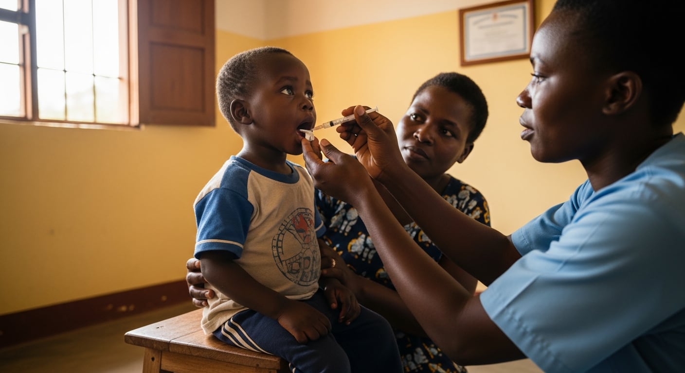 Una trabajadora de salud administra un nuevo tratamiento oral para la malaria a un niño, bajo la atenta mirada de un familiar, reflejando los esfuerzos de la OMS por priorizar su distribución en África. (Imagen Ilustrativa Infobae)