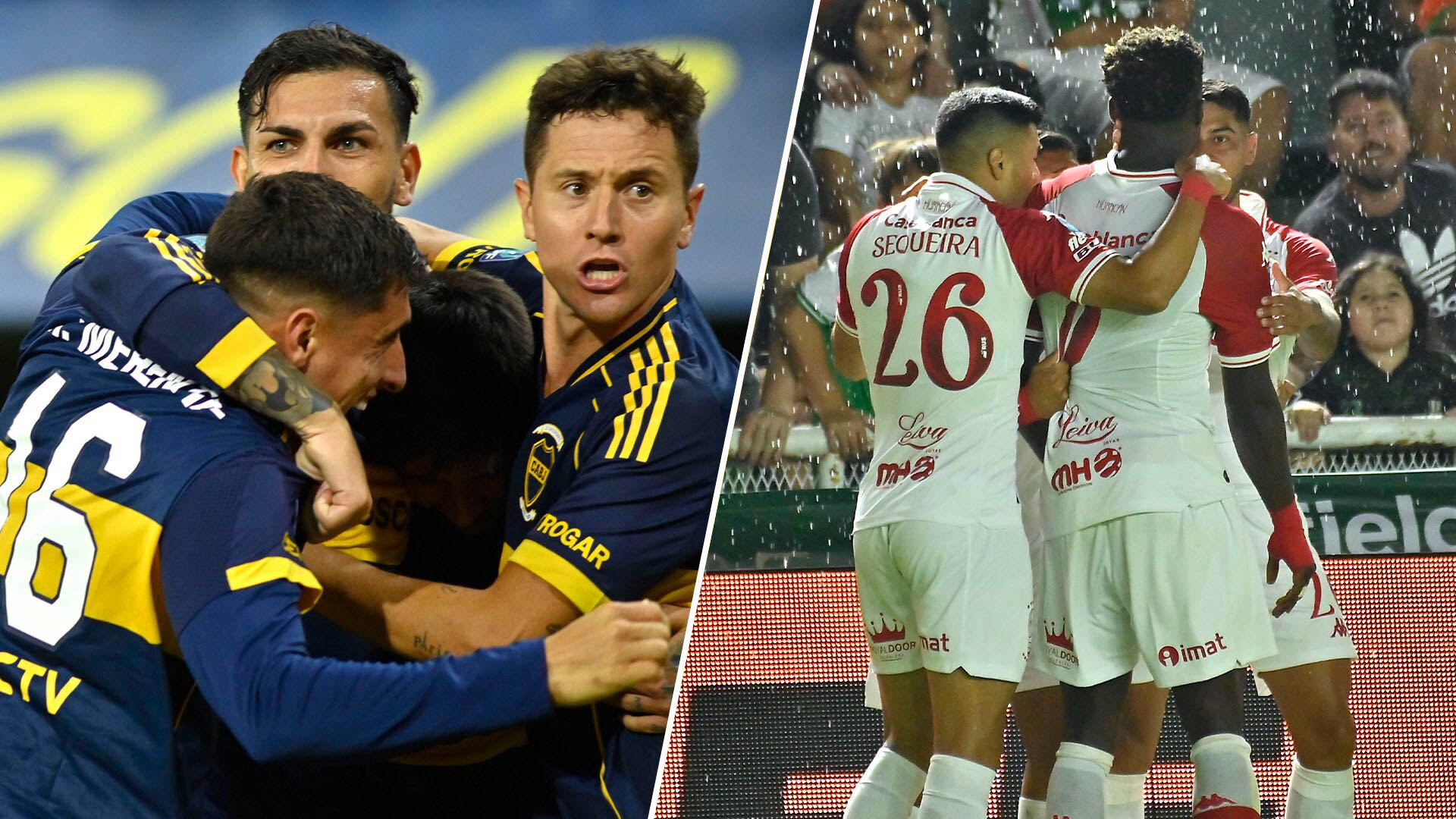 Jugadores de Boca Juniors celebran en el campo, mientras que futbolistas de Huracán hacen lo propio en una jornada llena de expectativas.