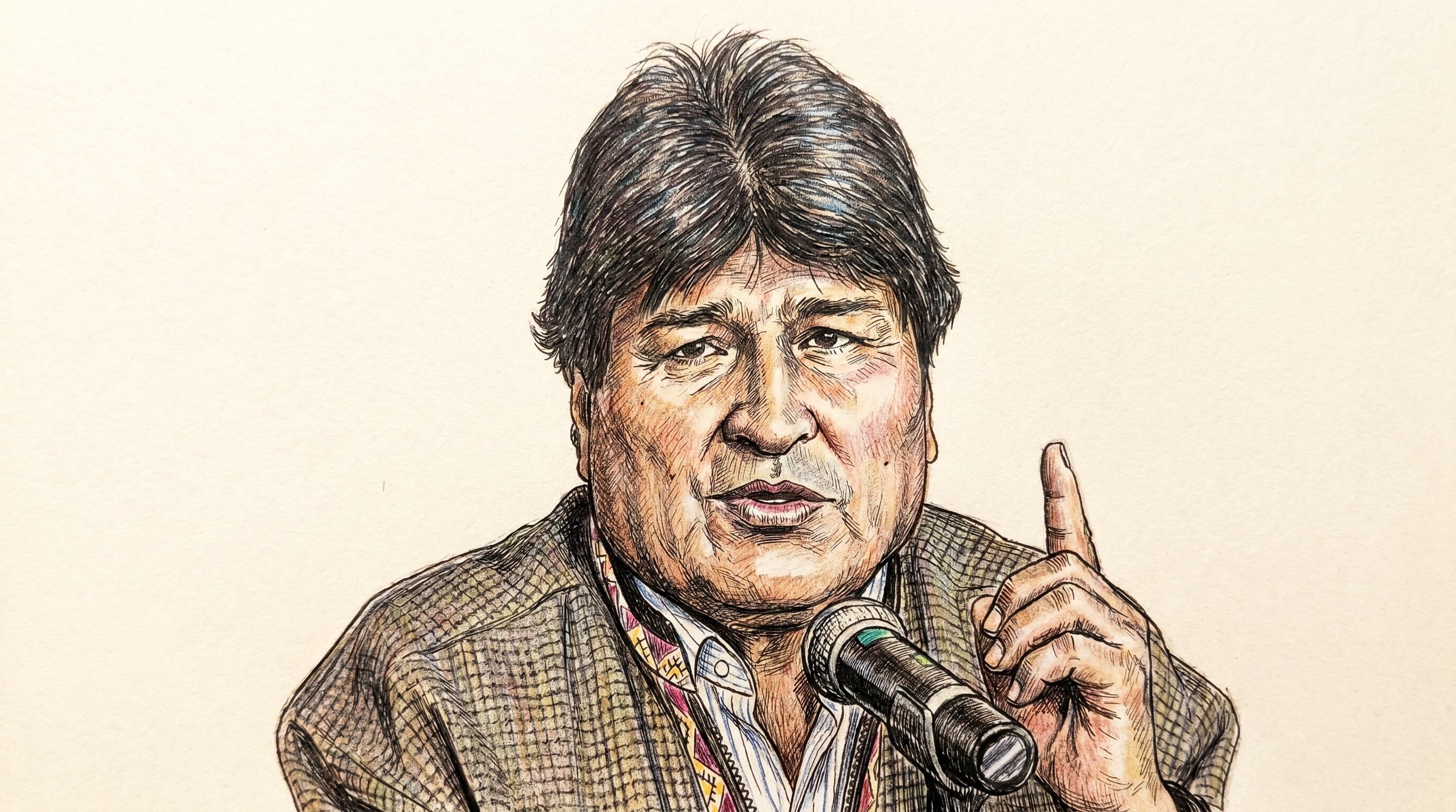 Esta ilustración representa a Evo Morales, expresidente de Bolivia, con un micrófono y su dedo índice levantado, simbolizando su voz en el debate político. (Imagen Ilustrativa Infobae)