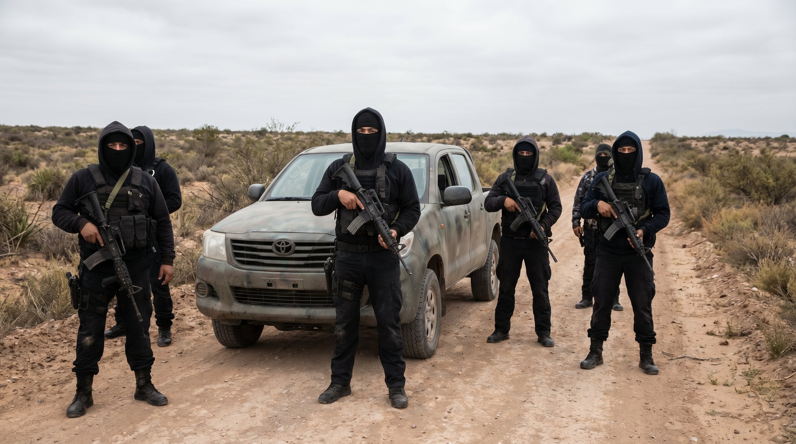 Seis individuos encapuchados y armados, identificados como sicarios del “Cartel del Diablo”, posan frente a una camioneta camuflada en un paisaje desértico bajo un cielo nublado. (Imagen Ilustrativa Infobae)