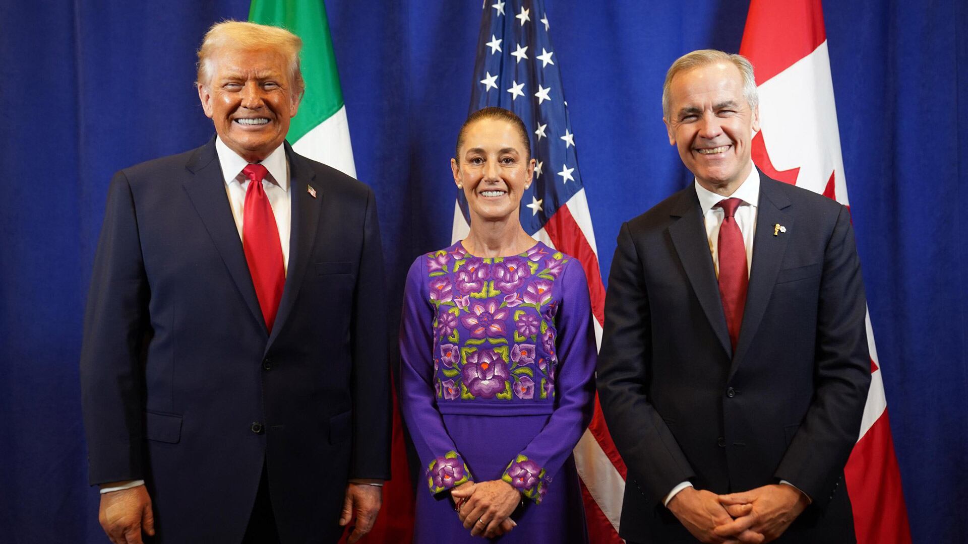 Donald Trump, Claudia Sheinbaum y Mark Carney, presidentes de los países miembros del T-MEC (Archivo)