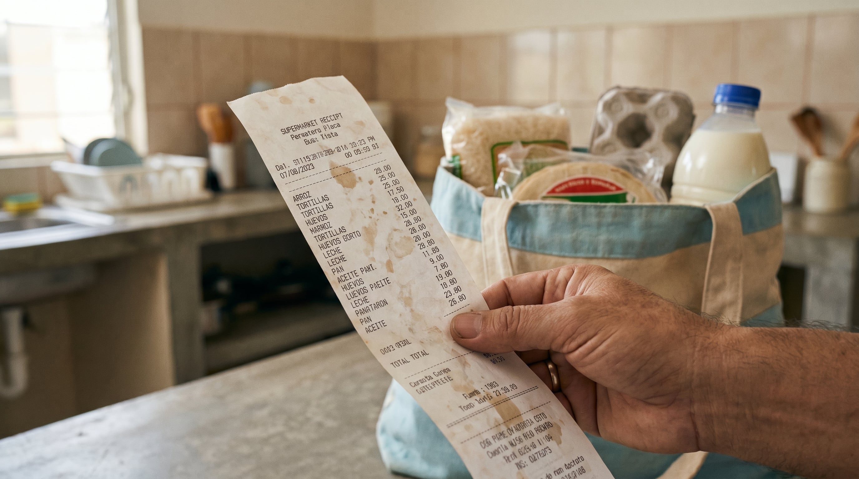 Una mano adulta sostiene un largo y arrugado ticket de supermercado frente a una bolsa reutilizable con productos básicos, simbolizando el impacto del aumento de precios en la economía familiar. (Imagen Ilustrativa Infobae)