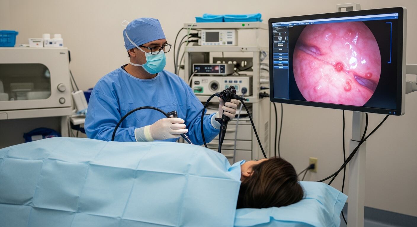 Un médico realiza una colonoscopia a un paciente, mostrando pólipos en el monitor, una herramienta clave para la detección precoz y prevención del cáncer colorrectal. (Imagen Ilustrativa Infobae)