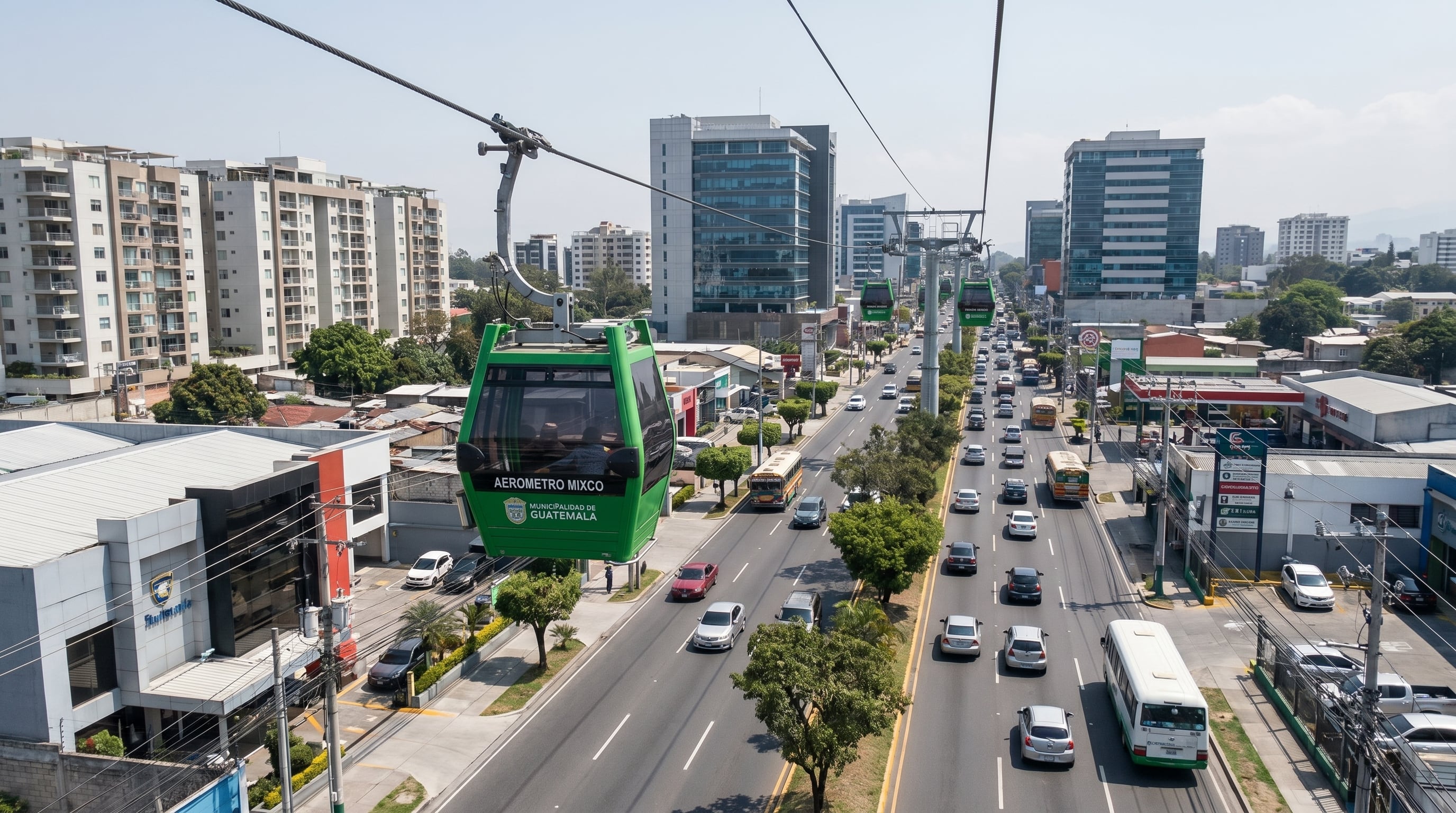 Cabinas verdes del Aerometro de Mixco de la Municipalidad de Guatemala transitan sobre una concurrida avenida, ofreciendo una vista aérea del paisaje urbano de Guatemala. (Imagen Ilustrativa Infobae)
