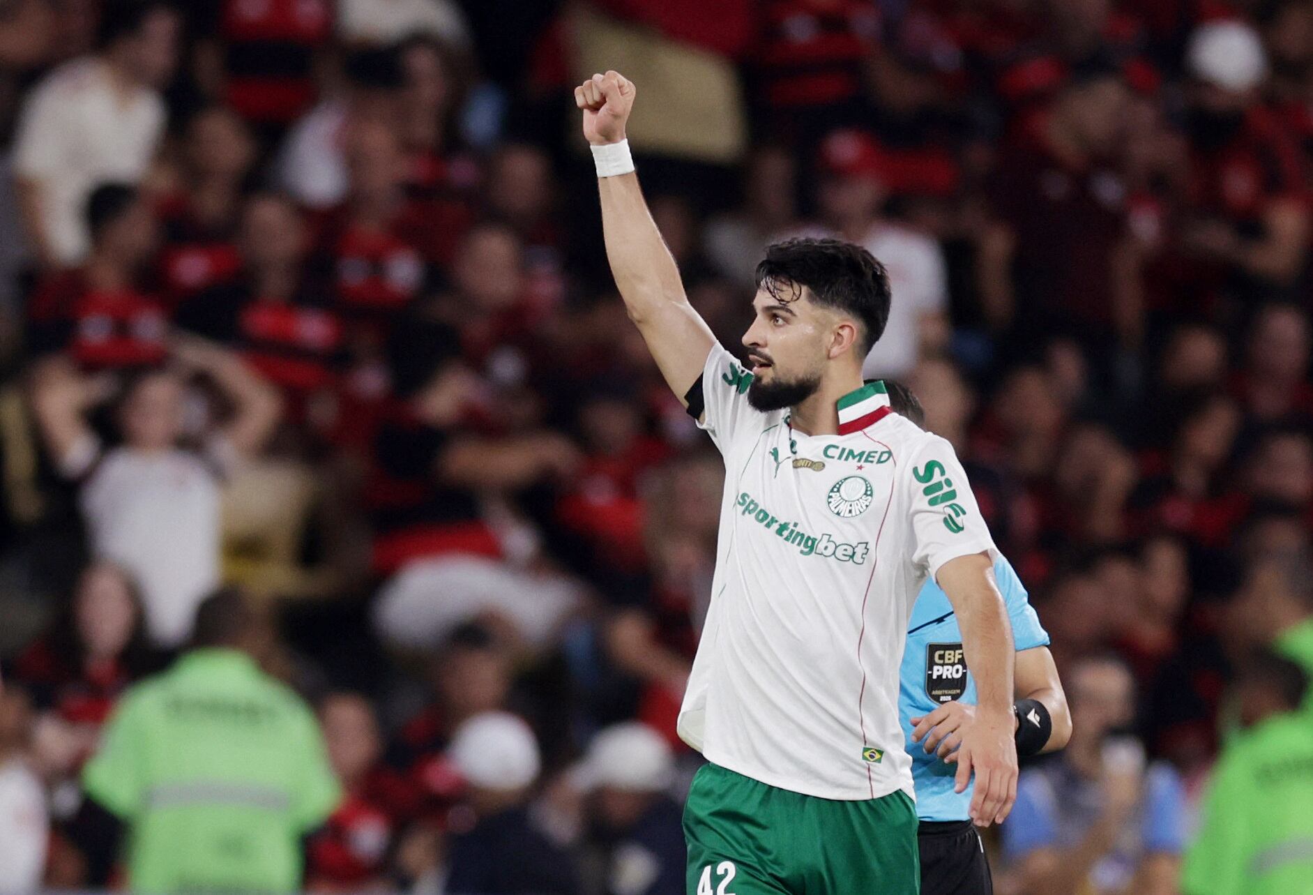Soccer Football - Brasileiro Championship - Flamengo v Palmeiras - Estadio Maracana, Rio de Janeiro, Brazil - May 23, 2026 Palmeiras' Jose Lopez celebrates scoring their first goal REUTERS/Ricardo Moraes