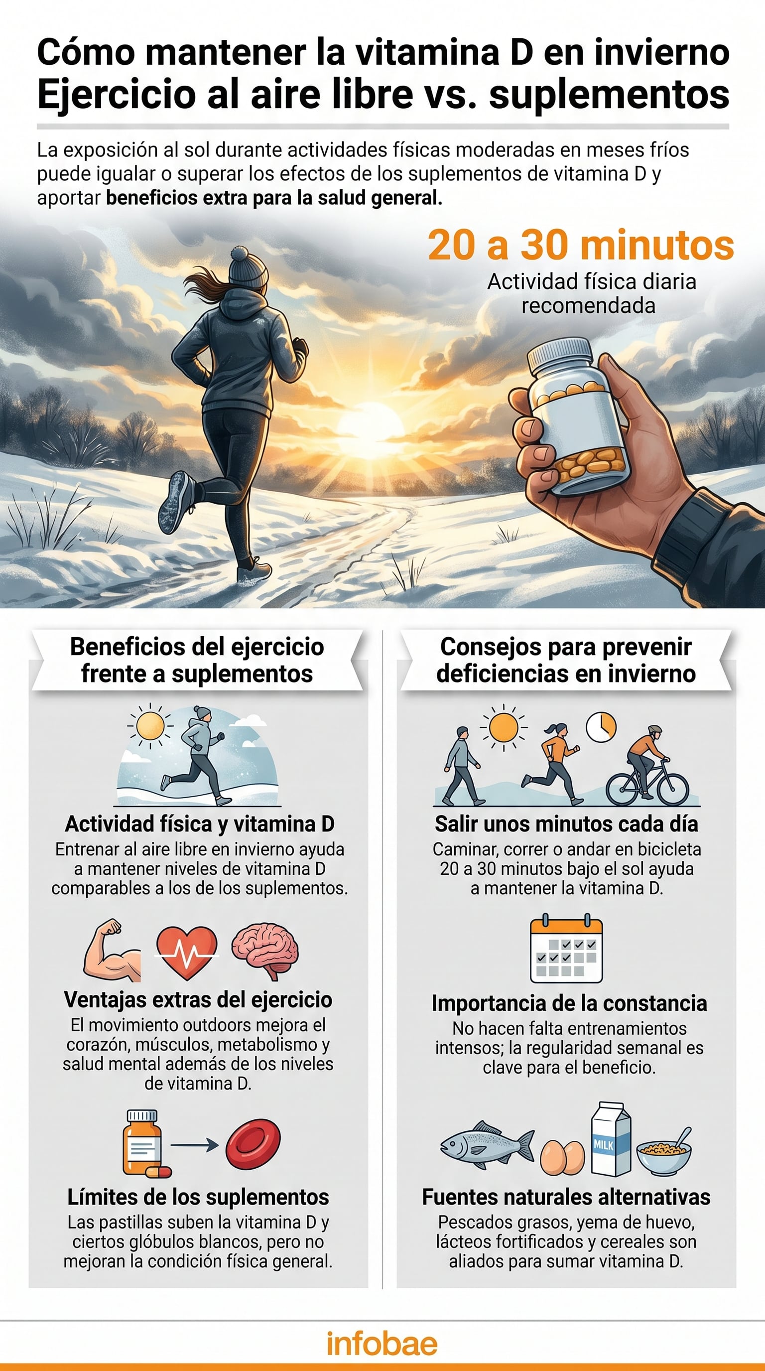 Caminar o correr afuera a diario en los meses fríos ayuda a mantener la salud física y combatir el déficit de vitamina D (Imagen Ilustrativa Infobae)