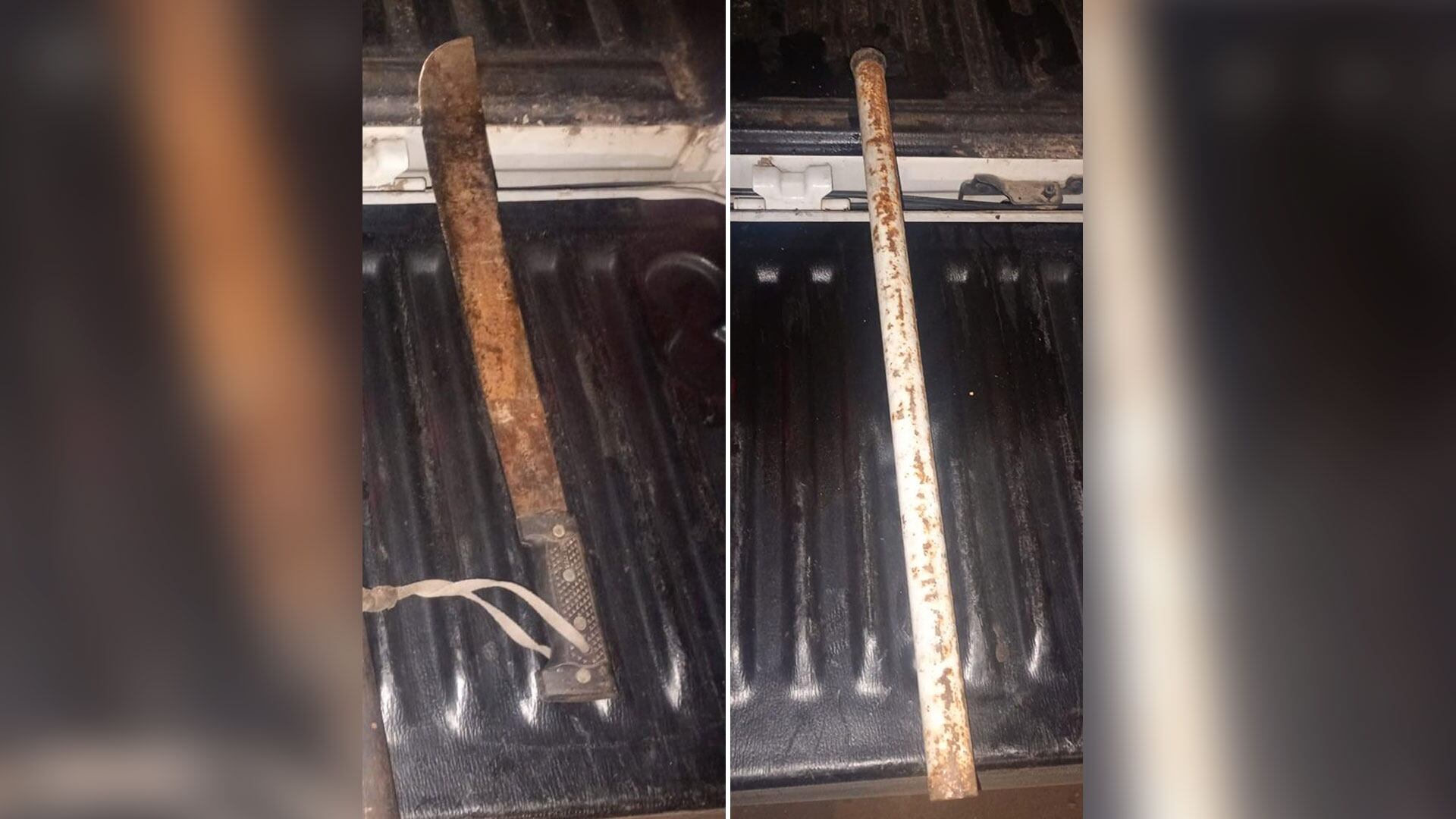 El machete con mango de madera y el caño de metal que habrían sidos usados en la pelea 