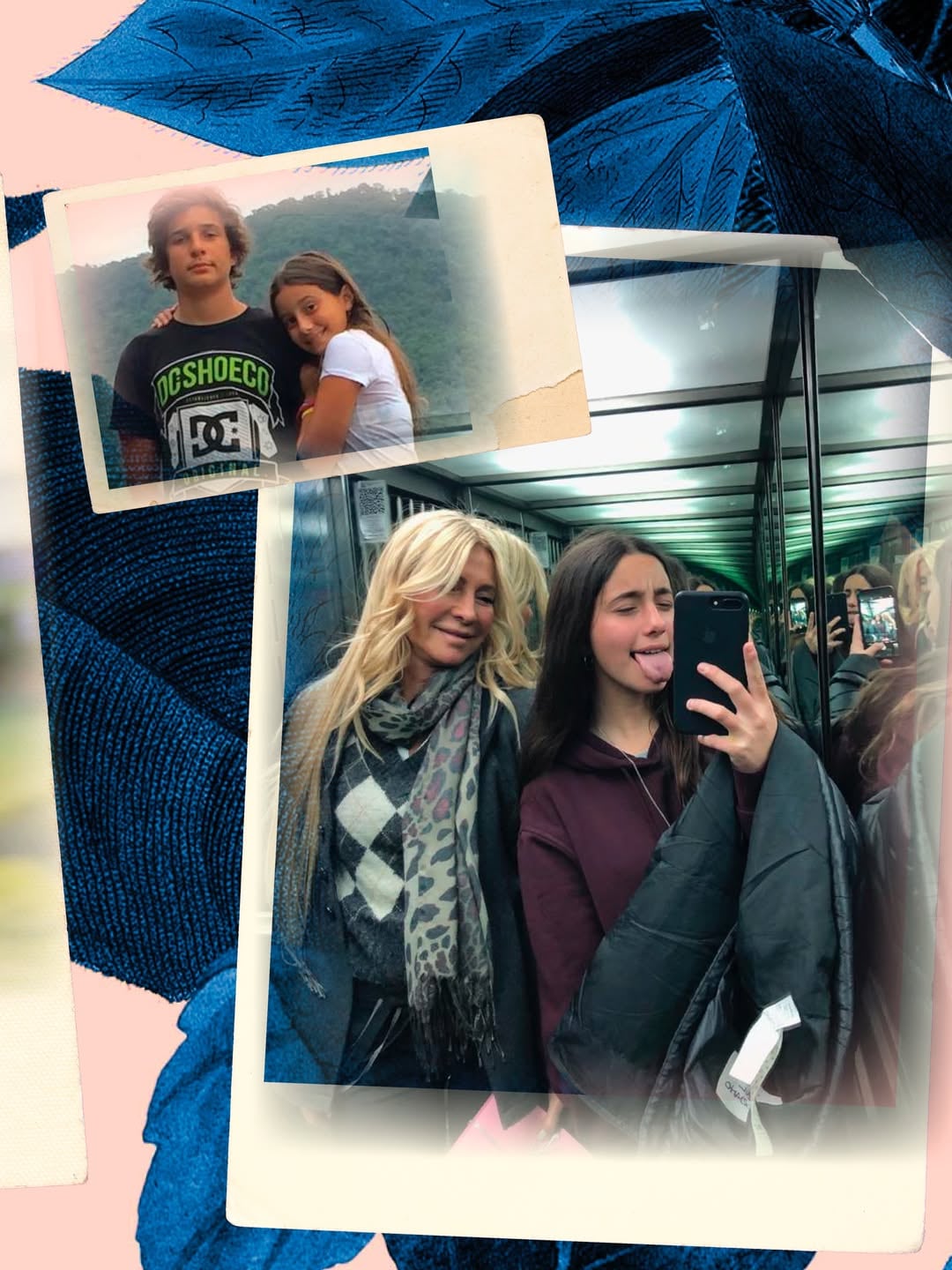 Cris sonríe junto a su nieta Azul, quien se toma una selfie en un ascensor espejado, mientras un entrañable recuerdo de sus nietos se superpone a la imagen, celebrando el cumpleaños de Azul