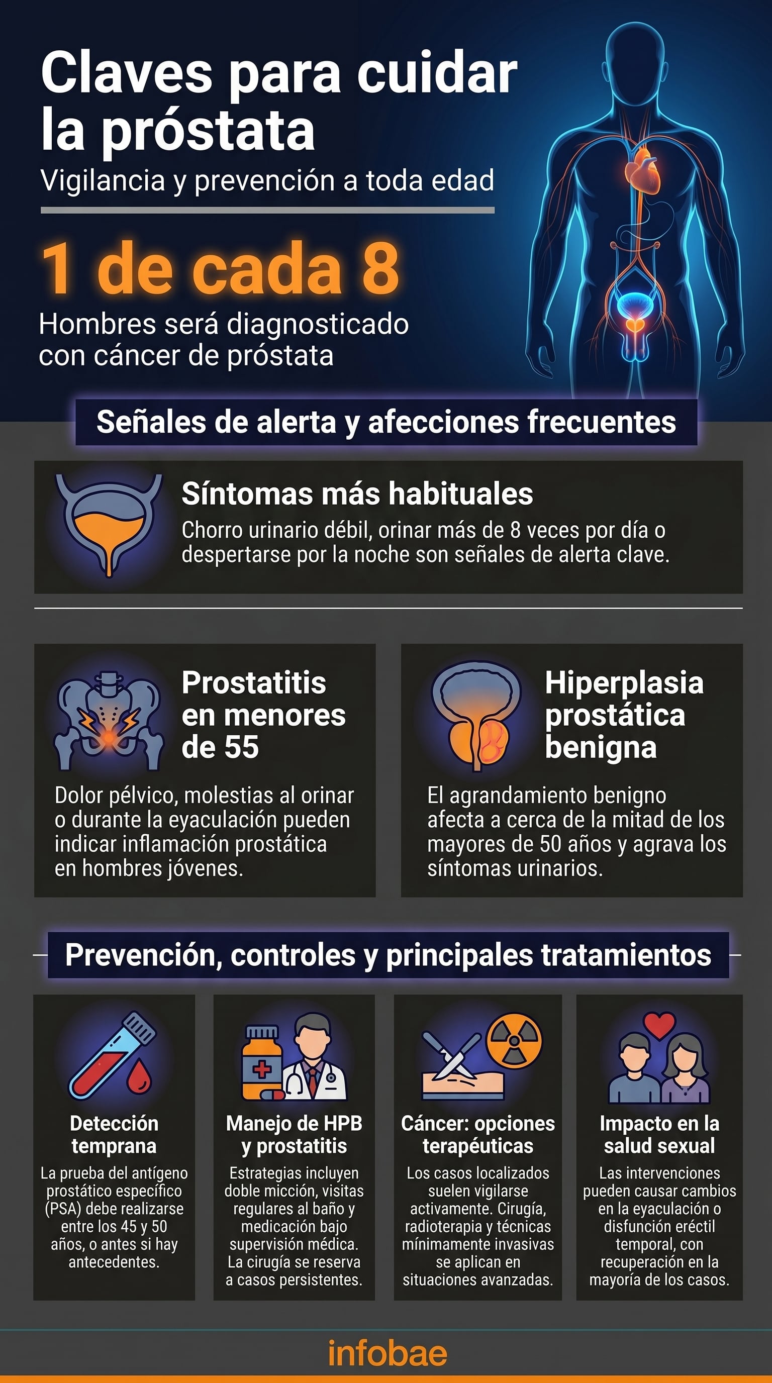 Esta infografía resume las claves para el cuidado de la próstata, abordando la prevención, detección temprana, síntomas de afecciones comunes como el cáncer y la hiperplasia, y los tratamientos disponibles. (Imagen Ilustrativa Infobae)