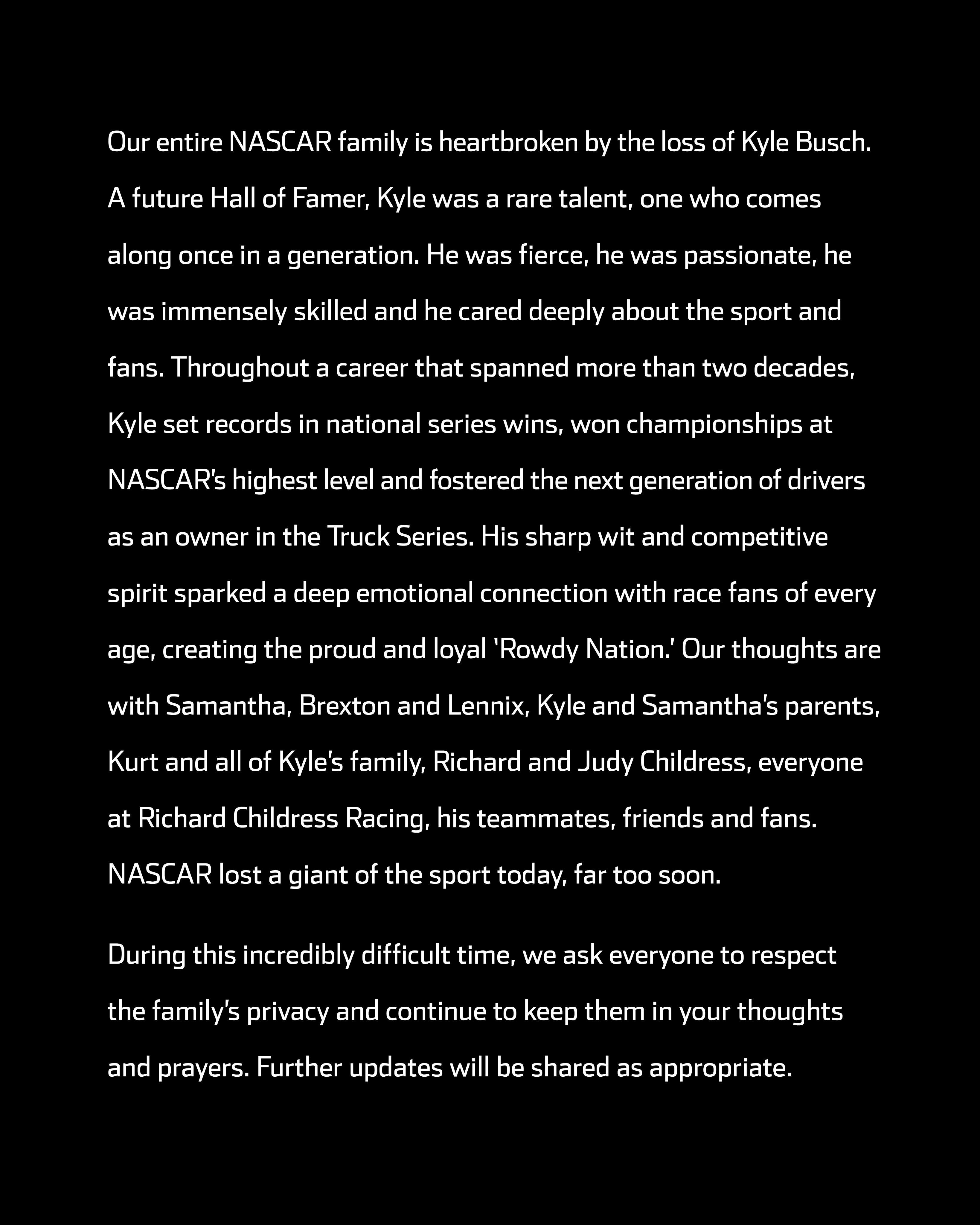 El comunicado de la NASCAR sobre el fallecimiento de Kyle Busch